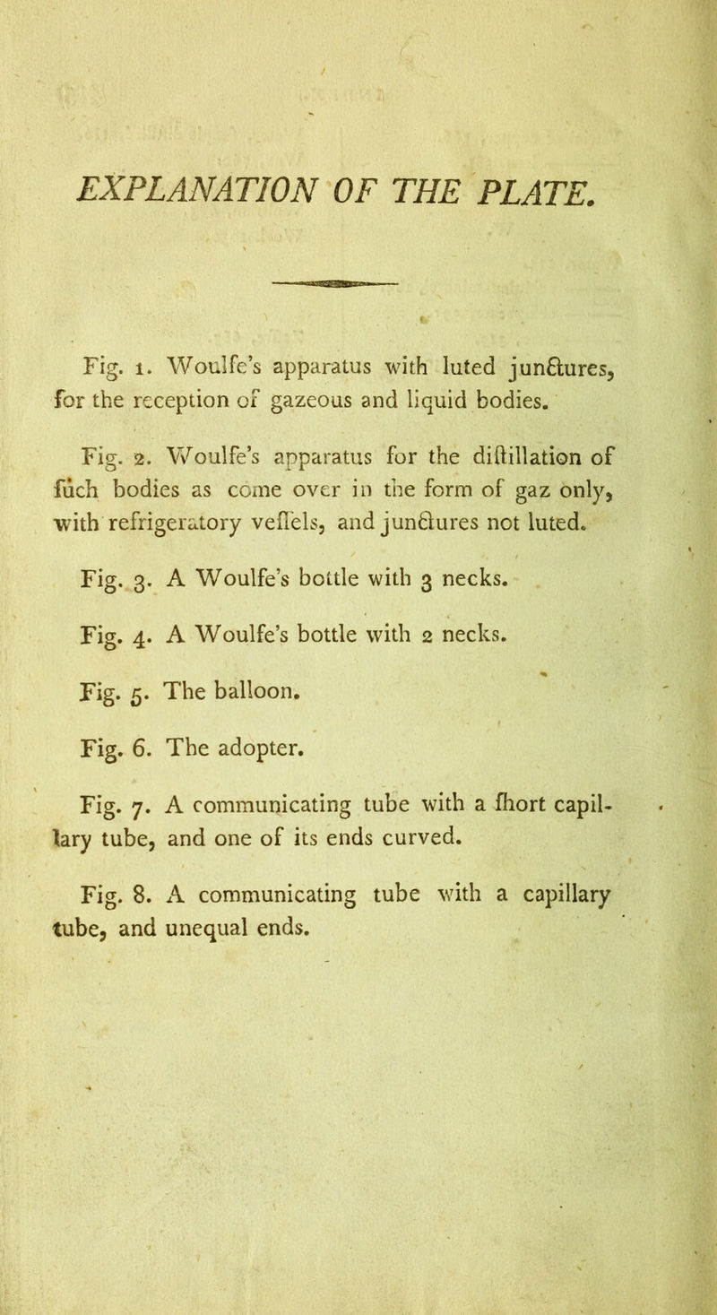 EXPLANATION OF THE PLATE. Fig. 1. Woulfe’s apparatus with luted junftures, for the reception of gazeous and liquid bodies. Fig. 2. Woulfe’s apparatus for the diftillation of filch bodies as come over in the form of gaz only, with refrigeratory vefl'els, and jundures not luted. Fig. 3. A Woulfe’s bottle with 3 necks. Fig. 4. A Woulfe’s bottle with 2 necks. Fig. 5. The balloon. Fig. 6. The adopter. Fig. 7. A communicating tube with a fhort capil- lary tube, and one of its ends curved. Fig. 8. A communicating tube with a capillary tube, and unequal ends.