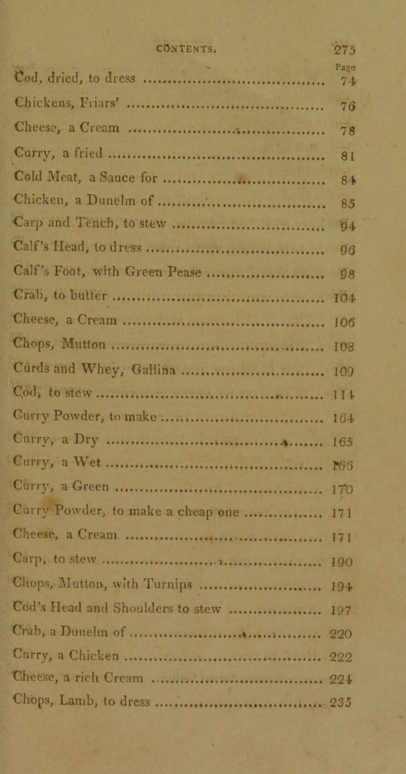 - God, Gils tO) Gr O85... deste seats. ee €hickens, Friars’ ........ den odeuetd NePUGES Eee hing Fo +00 + Mhvege sal Oreamntsedes sivscrtrevas gee nite ee sonls ss Curry, a fried Stee eeeeesieeneeeetverenenseescereassees Cold Meat, aSauce-for ...:.s:c0000 SMEs cbecatsendeccs Chicken, a Dundlm-of 25, ses he eee’ Carp and Tench, to stew v0... Calf’s Head, to dress ......2.0.. MINN REAAE TA creat ig os co Calf’s Foot, with Green Pease is.iiss..ssccecsecesense Crab, to BOWER iii cesssebs secede statics keen MBA Gese; a Greanrssivites Wi abeekevicccecsssscstocen Chops, MMOL rsirretesveristaitiT eA ce ces Cards and Whey, Gallina c..i.ciisdeccsvessctsecesees Wady. tovste ye: Sitar whee eA ox Catry Powders tommakex: siti. .csccasdeedevesocstcesees Meyer a DRY ashe Hes See chaste eRcord vero (oh che Curry, a Wet .. Peis oat esas nade ea vehatesavswetcaes ‘Carry, a Green .........48 Ay ben creamer ee ‘Carry Powder, to make a cheap One ..se...ceeseeeee RAC OME ANGKOR, |.5.cisasaien sa sear elias wack “Carp, to stew ...... edo bstecialcs MEA Hein cdticg : Chops, Matton, with Turnips ssensoaebesbenered wens ees _ Cod’s Head anil Shoulders to stew ...ssceveseesoceses Crab, a Dunelm of ..... ivewriate oles Naa rrad veces ye Ghetveatich:Gream ..ivddies. ssn beds acdveea sees tiete Chops, Lamb, to dress de sdgsectai MAGES haa ova ioade Page 74 76 78 81