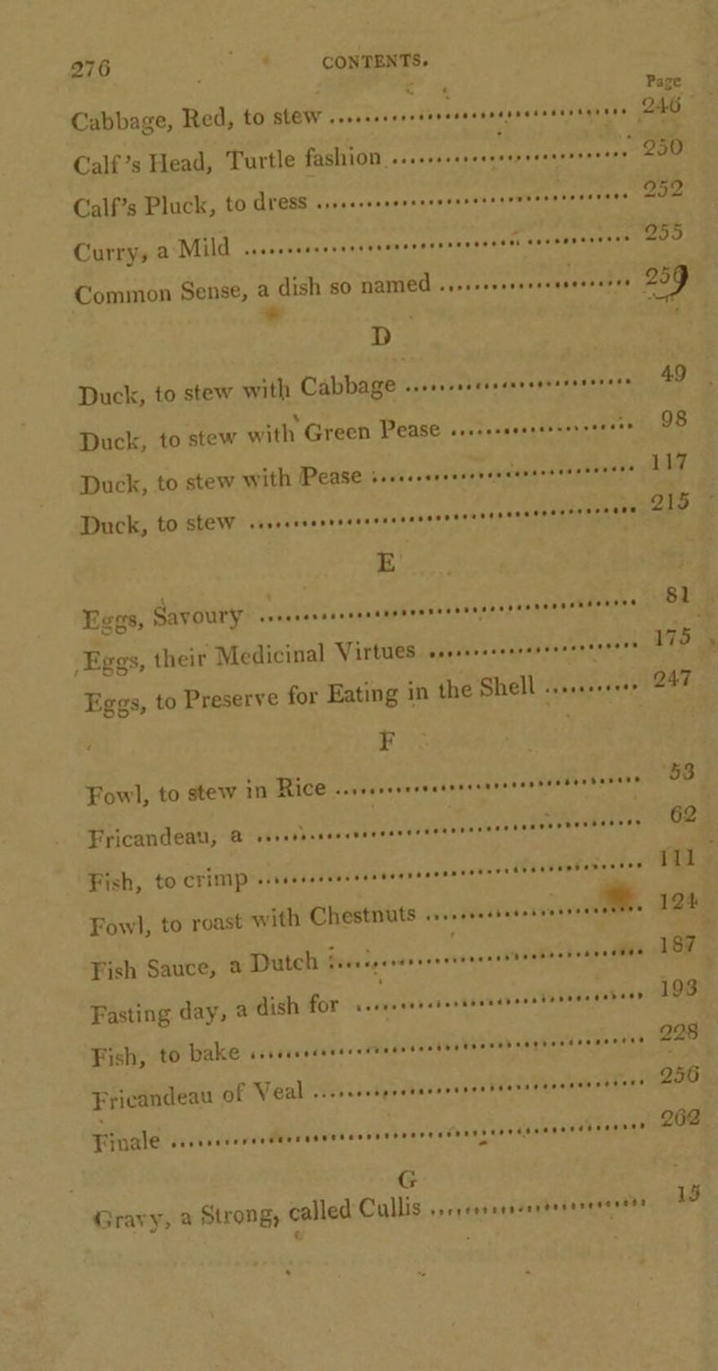x ‘ Calf’s Head, Turtle fashion sssssssererrserseeereesees Calf’s Pluck, to dress rccuee SS Curry, a Mild scccocsansvsscesensvogoneroeesoneecwes cea ny&gt; es Duck, to stew with Cabbage s.sescescessavaneassanners Duck, to stew with Green Pease ssssecanssessen eerste Duck, to stew with Pease nc a eoveleuas soiemeaew eneeeneee Duck, to stew &lt;csdive vevanesddosuges nyhstasahipeEneenent E Eggs, Savoury” svncssecsocsnansbonnveoseseesaenensentenn® Eggs, their Medicinal Virtues ssosesreoresrercreere® Eggs, to Preserve for Eating in the Shell seeeaaeeens F Fowl, to stew in Rice ..reersseressossnanesesnaetereeee® Fricandeau, @ = ARS NAY al aR Fish, to crimp (TS rawaeiueniess sqnneyenes COPUIDI RAE SS Fowl, to roast with Chestnuts Silat sci ae Fish Sauce, a Dutch fees lpeoussseevenansbasebos bose a Fasting day, a dish for sagdiei total DORR DRAE Fish, to bake «. Cvecsduve « oAgcniie du NRs cd aayhoss hear ass Fricandeau GE Veal 40s csedps chins soay a aess Taso oh teF? Finale secdadvenduARewaes seve sb aes setunns ediane HPh Teg : G Gravy, a Strong, Called Cullis ..rrerssrneerdereneneet¥® 117 Q15 ~ 8i 5 175 247 ‘53 62 ras 124 187 : 193 228 256 262 15