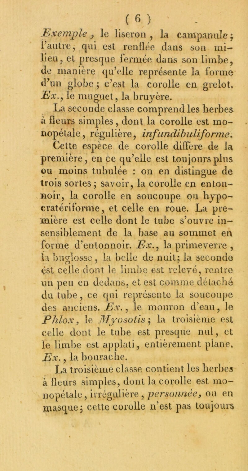 Hxemple , le liseron , la campanule ÿ l’autre J qui est reuQée dans son mi- lieu, et presque fermée dans son limbe, de manière qu’elle représente la forme d’un globe ; c’est la corolle en grelot. Ex.y le muguet, la bruyère. La seconde classe comprend les herbes à fleurs simples, dont la corolle est mo- Jüopélale, régulière, infundihuliforme. Cette espèce de corolle diifere de la première, en ce qu’elle est toujours plus ou moins tubulée : on en distingue de trois sortes ; savoir, la corolle en enton- noir, la corolle en soucoupe ou hypo- eratérifonne, et celle en roue. La pre- mière est celle dont le tube s’ouvre in- sensiblement de la base au sommet en forme d’entonnoir. Ex,^ la primeverre , la buglossc , la belle de nuit; la seconde est celle dont le limbe est relevé, rentre un peu en dedans, et est comme détaché du tube, ce qui représente la soucoupe des anciens. Ex.., le mouron d’eau, le Phlox, le Myosotis'., la troisième est celle dont le tube est presque nul, et le limbe est applali, entièrement plane. Ex., la bourache. La troisième classe contient les herbes à fleurs simples, dont la corolle est mo- nopétale , irrégulière , persoimée, ou en masque ; celle corolle n’est pas toujours