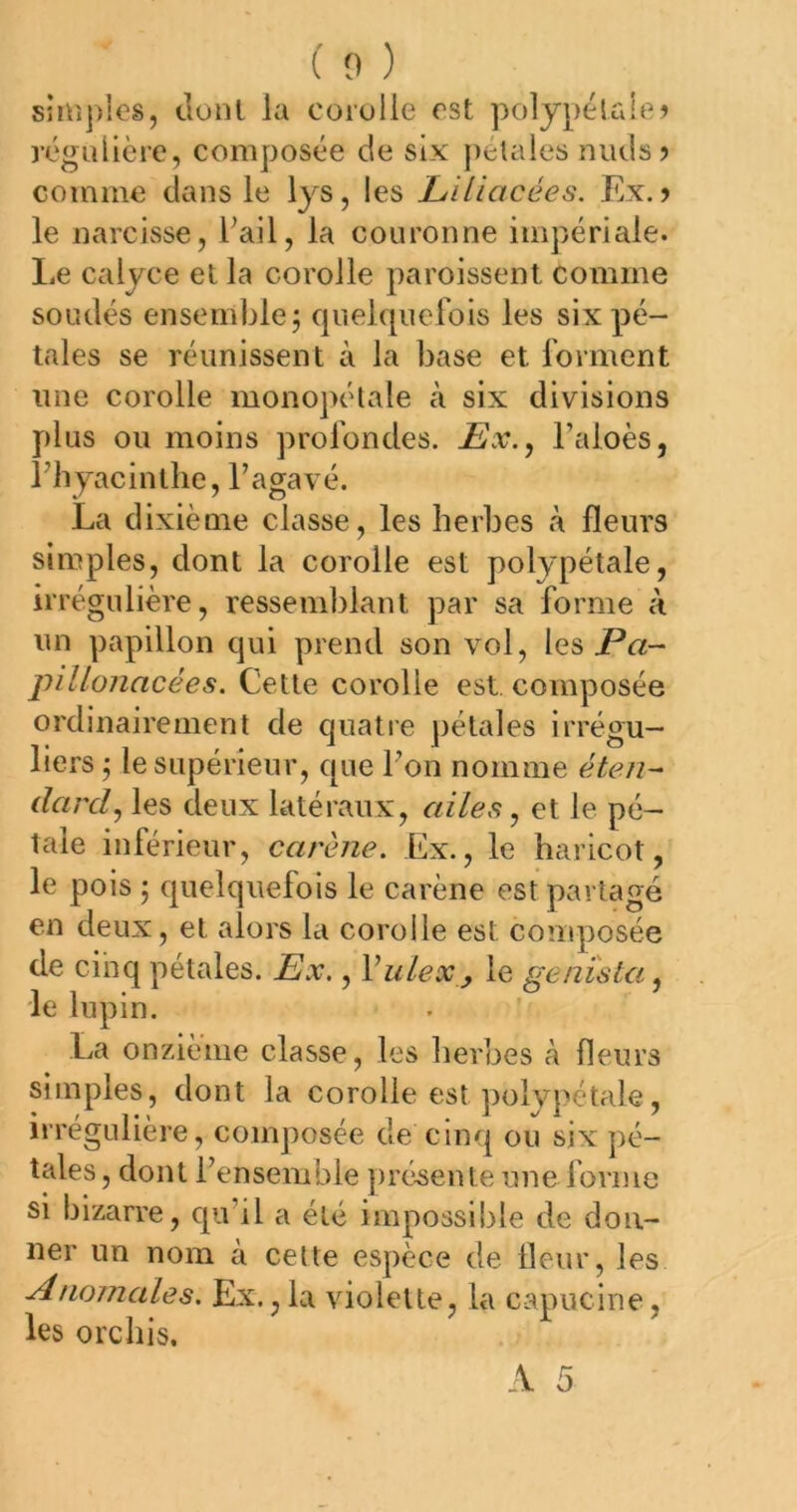 sîni])les, tlonl la corulle est polypélalei régulière, composée de six j)élales nuds ? comme dans le lys, les JLiliacées. Ex.) le narcisse, Fail, la couronne impériale. I.e calyce et la corolle paroissent comme soudés ensemble; qiiekpiefois les six pé- tales se réunissent à la base et forment line corolle monopélale à six divisions plus ou moins profondes. Ex.^ l’aloès, rhyacintlie, Tagavé. La dixième classe, les herbes à fleurs simples, dont la corolle est polypétale, irrégulière, ressemblant par sa forme à un papillon qui prend son vol, les jP«- pillonacées. Cette corolle est. composée ordinairement de quatre ])étales irrégu- liers ; le supérieur, que Fou nomme éten- clciîxl^ les deux latéraux, ailes, et le pé- tale inférieur, carène. Ex., le haricot, le pois ; quelquefois le carène est partagé en deux, et alors la corolle est composée de cinq pétales. Ex,, Vulex, le genista le lupin. La onzième classe, les herbes à fleurs simples, dont la corolle est polypétale, irrégulière, composée de cinq ou six pé- tales , dont Fensemble présente une forme si bizarre, qivil a été impossible de don- ner un nom a celte espèce de Heur, les Anomales. Ex., la violette, la capucine, les orchis.