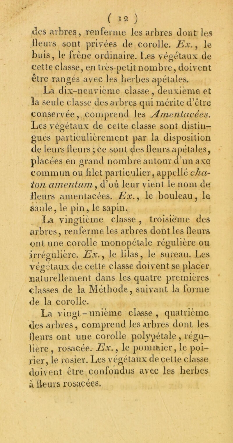 ( Î2 ) tles arbres, renferme les arbres dont les ileurs sont privées de corolle. Ex.^ le buis, le irene ordinaire. Les végétaux de cette classe, en très-petit nombre, doivent être rangés avec les herbes apétales. La dix-neuvième classe, deuxième et la seule classe des arbres qui mérite d’être conservée, comprend les Ainentacées. Les végétaux de celle classe sont distin- gués particulièrement par la disposition de leurs Heurs ; ce sont des Heurs apétales, placées en grand nombre autour d’un axe commun ou lilet particulier, appellé cha- ton cimentLun, d’où leur vient le nom de Heurs amenlacées. Ex.^ le bouleau, le saule, le pin, le sapin. La vingtième classe, troisième des arbres, renferme les arbres dont les Heurs ont une corolle monopétale régulière ou irrégulière. Ex., le lilas, le sureau. Les végétaux de cette classe doivent se placer naturellement dans les quatre premières classes de la Méthode, suivxmt la forme de la corolle. La vingt-unième classe, quatrième des arbres, comprend les aibres dont les fleurs ont une corolle polypétale, régu- lière , rosacée. Ex., le pomnsler, le poi- rier, le rosier. Les végétaux de celte classe doivent être confondus avec les herbes à fleurs rosacées.