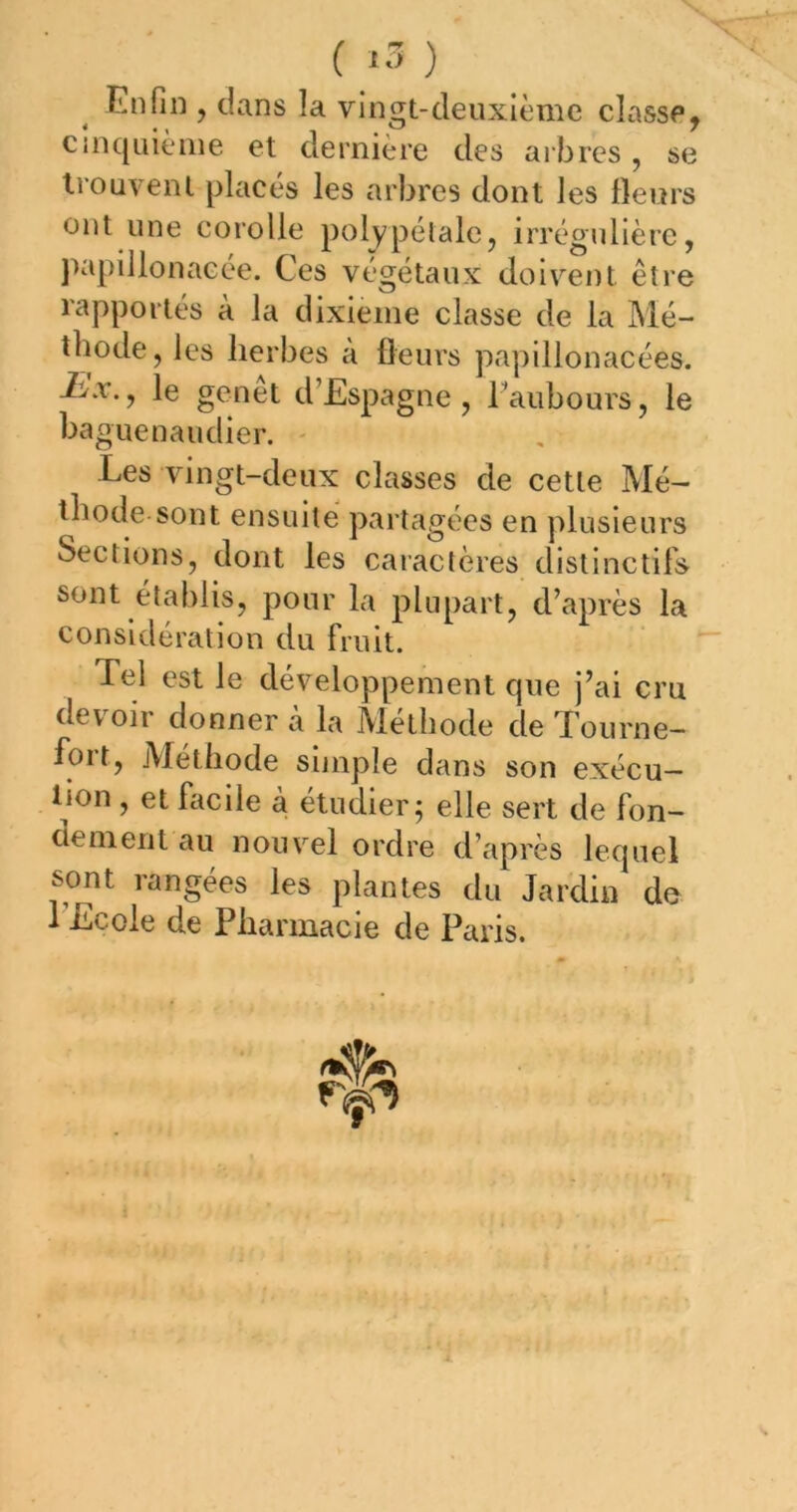 ( *3 ) Enfin , dans la vingt-deuxième classe, cinquième et dernière des ai bres, se trouvent placés les arbres dont les fleurs ont une corolle polypélale, irrégulière, papillonacée. Ces végétaux doivent être rapportés à la dixième classe de la Mé- thode, les herbes à fleurs papillonacées. le genêt d’Espagne, Taubours, le baguenaudier. - Les vingt-deux classes de cette Mé- thode sont ensuite partagées en plusieurs Sections, dont les caractères distinctifs sont établis, pour la plupart, d’après la considération du fruit. Tel est le développement que j’ai cm devoir donner k la Méthode de Tourne- fort, Méthode simple dans son exécu- tion , et facile à étudier^ elle sert de fon- dement au nouvel ordre d’après lequel sont rangées les plantes du Jardin de l’Ecole de Pharmacie de Paris.