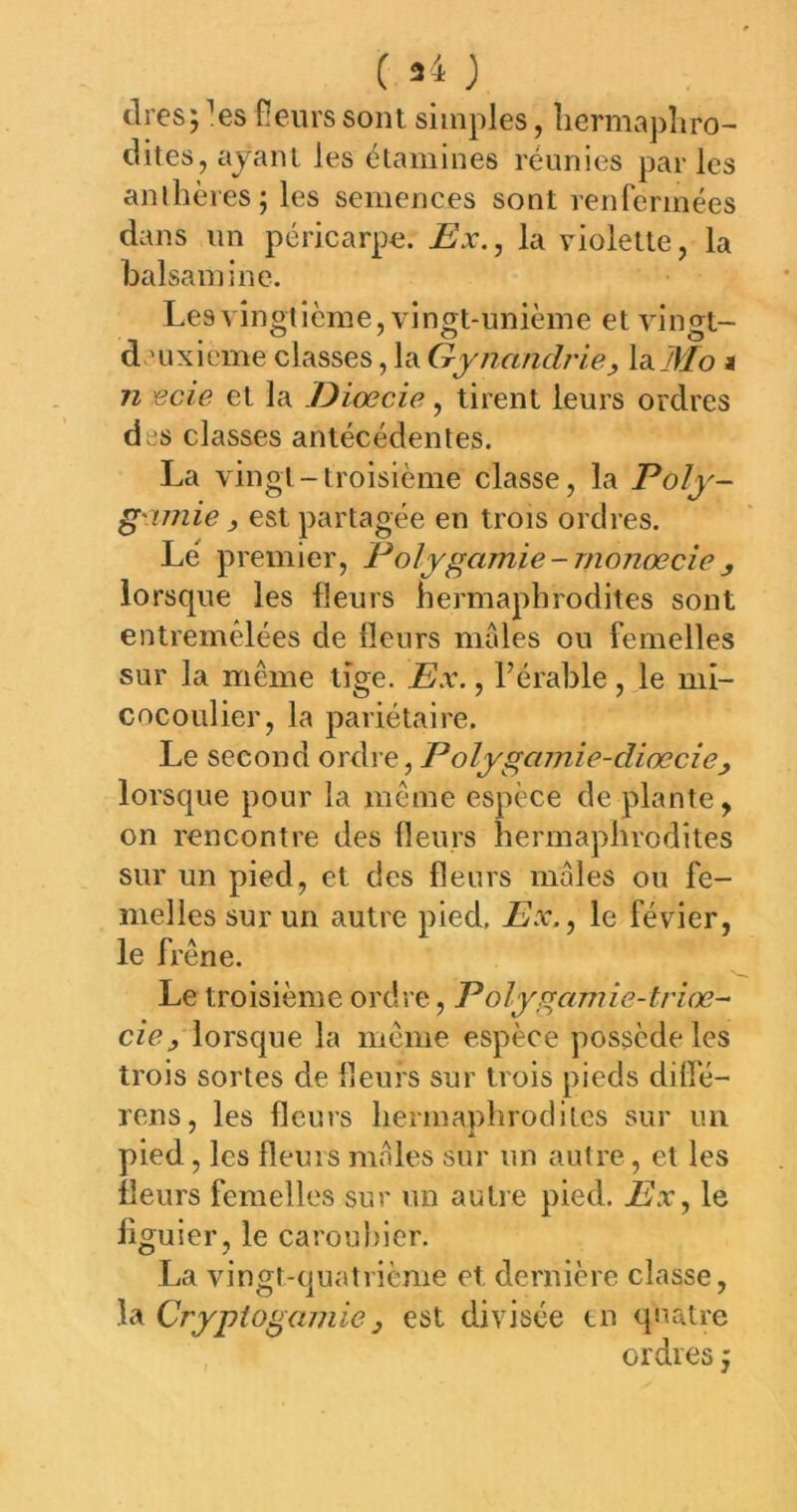 C 34 J tires; ^es fieurs sont simples, îiermapliro- dites, ayant les étamines réunies par les anlhères; les semences sont renfermées dans un péricarpe. Ex.^ la violette, la balsamine. Les vingtième, vingt-unième et vingt- d'uxicme classes, la Gynandrie, \d^Mo t n ecie et la Diœcie, tirent leurs ordres des classes antécédentes. La vingt-troisième classe, la Poly- gamie ^ est partagée en trois ordres. Lé premier. Polygamie - monœcie j lorsque les fleurs hermaphrodites sont entremêlées de fleurs males ou femelles sur la même tige. Ex., l’érable, le mi- cocoulier, la pariétaire. Le second orài e ^ Polygamie-diœczej, lorsque pour la même espèce de plante, on rencontre des fleurs hermaphrodites sur un pied, et des fleurs mâles ou fe- melles sur un autre pied, Ex.^ le févier, le frêne. Le troisième ordre, Polygamie-triœ- lorsque la même espèce possède les trois sortes de fleurs sur trois pieds difle- rens, les fleurs hermaphrodites sur un pied, les fleurs mâles sur un autre, et les fleurs femelles sur un autre pied. Ex.^ le figuier, le caroubier. La vingt-quatrième et dernière classe, la Cry-piogamie3 est divisée en quatre ordres ;