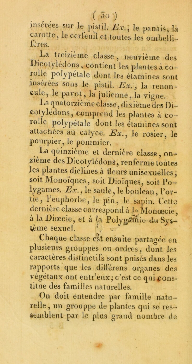 ( ) insérées sur le pisliJ. Ex., le panais, la carotle, le ceifeiiil et toutes les ombelli- le res. La treizième classe , neuvième des Dicolylèdons, contient les plantes à co- rolle polypetale dont les étamines sont insérées sous le pistil. Ex. y la renon- cule, le pavot, la julienne, la vigne. La quatorzième classe, dixième desDi- coljlédons, comprend les plantes à co- rolle polypélale dont les élamines sont attachées au calyce. Ex.^ le rosier, le pourpier, le pommier. La quinzième et dernière classe, on- zième des Dicolylèdons, renferme toutes les plantes diclines a Heurs unisexuelles, soit Monoïques, soit Dioïques, soit Po- lygames. Ex.^ le saule, le bouleau, Por- tie, 1 euphorbe, le pm, le sapin. Celés derniere classe correspond à L^lonoecie, a la Dioecie, et à 1a Polyg^Stnlo du Sys- t,ème sexuel. \ - Chaque classe ek ensuite partagée en plusieurs grouppes ou ordres, dont les caractères distinctifs sont puisés dans les rapports que les différens organes des végétaux ont entr’eux; c’est ce qui ^ions- litue des familles naturelles. On doit entendre par famille natu- relle, un groiippe de plantes qui se res- semblent par le plus grand nombre de