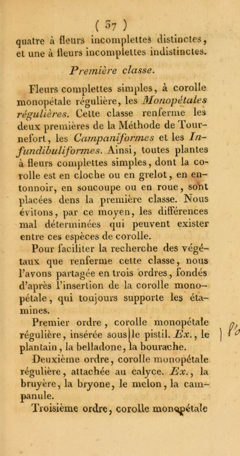 ( 3? ) quatre à fleurs incompleltes distinctes, et une k fleurs incompletles indistinctes. P, 'emière classe. Fleurs compleltes simples, à corolle monopétale régulière, les Blonopétales régulières. Cette classe renferme les deux premières de la Méthode de Tour- nefort, les Cairipanîformes et les In- fimdihuliformes. Ainsi, toutes plantes à fleurs completles simples, dont la co- rolle est en cloche ou en grelot, en en- tonnoir, en soucoupe ou en roue, sohl placées dens la première classe. Nous évitons, par ce moyen, les différences mal déterminées qui peuvent exister entre ces espèces de corolle. Pour faciliter la recherche des végé- taux que renferme cette classe, nous Pavons partagée en trois ordres, fondés d’après l’insertion de la corolle mono- pétale , qui toujours supporte les éta- mines. Premier ordre , corolle monopétale régulière, insérée sous Ile pistil. , le plantain, la belladone, la bourache. Deuxième ordre, corolle monopétale régulière, attachée au calyce. Px., la , la bryone, le melon, la cam- Troisième ordre, corolle monopétale bruyèr pan U le