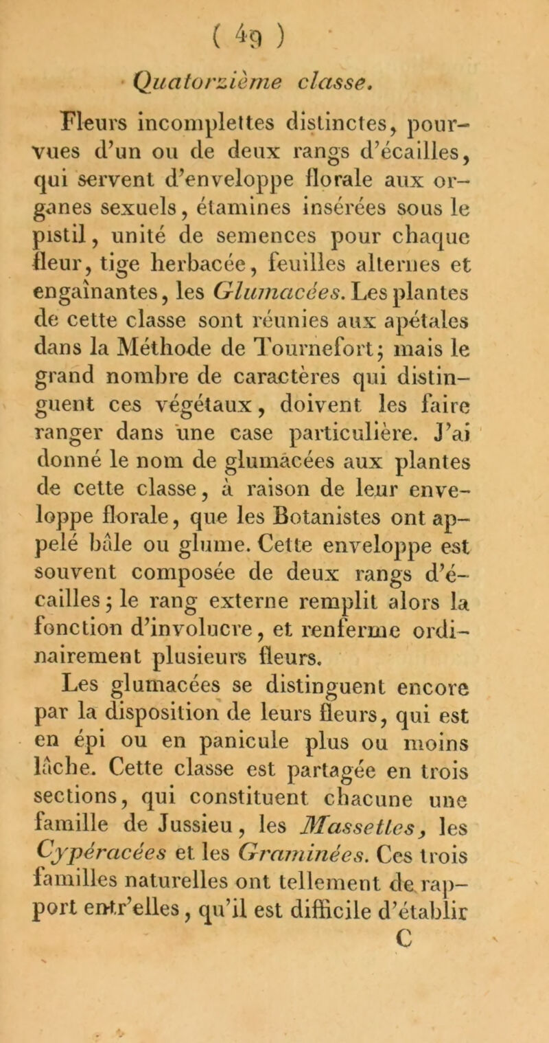 ( 4çi ) Quatorzième classe. Fleurs incomplettes distinctes, pour- vues d’un ou de deux rangs d’écailles, qui servent d’enveloppe florale aux or- ganes sexuels, étamines insérées sous le pistil, unité de semences pour chaque Heur, tige herbacée, feuilles alternes et engainantes, les Les plantes de cette classe sont réunies aux apétales dans la Méthode de Tournefort; mais le grand nombre de caractères qui distin- guent ces végétaux, doivent les faire ranger dans une case particulière. J’ai ' donné le nom de glumâcées aux plantes de cette classe, à raison de leur enve- loppe florale, que les Botanistes ont ap- pelé haie ou glume. Cette enveloppe est souvent composée de deux rangs d’é- cailles ; le rang externe remplit alors la fonction d’involucre, et renferme ordi- nairement plusieurs fleurs. Les glumâcées se distinguent encore par la disposition de leurs fleurs, qui est en épi ou en panicule plus ou moins lâche. Cette classe est partagée en trois sections, qui constituent chacune une famille de Jussieu, les 3Iassetlcs, les Cypéracées et les Graminées. Ces trois familles naturelles ont tellement de, rap- port entr’elles, qu’il est difficile d’établir C