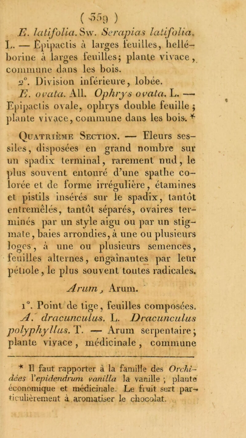 ( •S-'Ï9 ) ^ 7?. latlfolla.Sw. Seraplas latlfolia. L. — Êpipaclis à larges t’euilles, hellé- boriiie à larges feuilles^ plante vivace, conuiiune dans les bois. t2°. Division inférieure, lobée. E. oi’cïta. AU. Ophrys ovata. L. —■ Epijjactis ovale, opbrjs double feuille 5 })lante vivace, conunune dans les bois-. Quatrième Section. — Eleurs ses- siles, disposées en grand nombre sur un spadix terminal, rarement nud, le plus souvent entouré d’une spathe co- lorée et de forme irrégulière, étamines et pistils insérés sur le spadix, tantôt entremêlés, tantôt séparés, ovaires ter- minés par un style aigu ou par un stig- mate, baies arrondies, à une ou plusieurs loges, à une ou plusieurs semences, feuilles alternes, engainantes par leur pétiole ,'le plus souvent toutes radicales. Arum J Arum. i**. Point de lige, feuilles composées. A.' dracunculus, L. Dracunculus polyphyllus.’Y. — Arum serpentaire j plante vivace , médicinale , commune '*■ Il faut rapporter à la famille des Orchi- dées Yepidendrum vanilla la vanille ; plante économique et médicinale. Le fruit sert par-* ticulièrement à aromatiser le chocolat.
