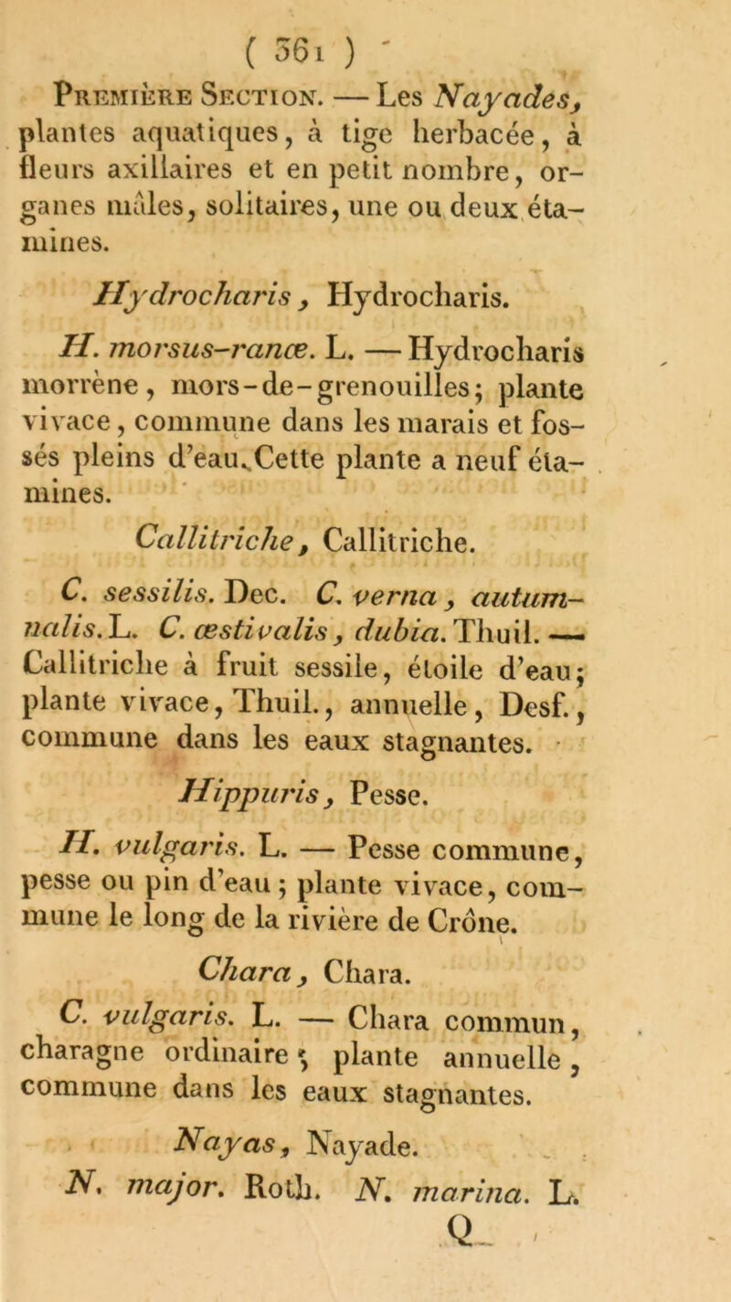 (360 ' Première Section. — Les Nayades^ plantes aquatiques, à tige herbacée, à fleurs axillaires et en petit nombre, or- ganes males, solitaires, une ou deux éta- mines. Hydrocharis , Hjdrocharis. H. morsus-ranœ. L. — Hydrocharis morrène, mors-de-grenouilles; plante vivace, commune dans les marais et fos- sés pleins d’eaiuCette plante a neuf éta- mines. Callitriche, Callitriche. C. sessilis.Y)e,c>. C.vernay autuTn— ualis. L. C. œstivalis , duhia. Thuil. — Callitriche à fruit sessile, étoile d’eau; plante vivace, Thuil., annuelle, Desf., commune dans les eaux stagnantes. • ' Hippuris y Pesse. II, vidgaris. L. — Pesse commune, pesse ou pin d’eau ; plante vivace, com- mune le long de la rivière de Crône. Chara y Chara. C. vidgaris. L. — Chara commun, charagne ordinaire» plante annuelle, commune dans les eaux stagnantes. Nayasy Nayade. N, major, Roth. N, marina. Lr. Q -