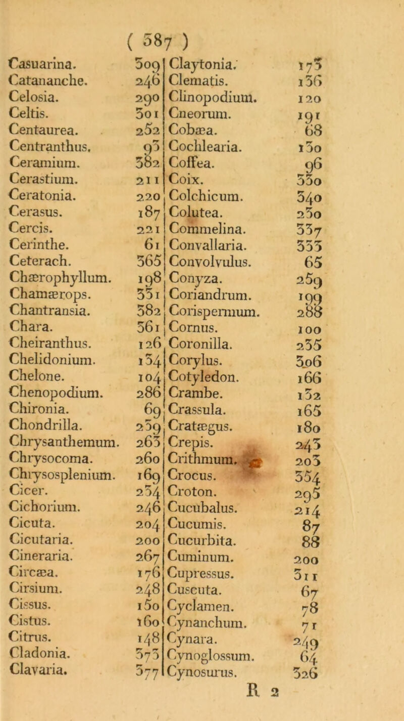 Casuarina. Catananche. Celosia. Celtis. Centaurea. Centranthus. Ceramium, Cerastium. Ceratonia. Cerasus. Cercis. Cerinthe. Ceterach. Chærophyllum. Chamæcops. Chantransia. Chara. Cheiranthus. Chelidonium. Chelone. Chenopodium. Chironia. Chondrilla. Chrysanthemum. Chiysocoina. Chiysosplenium. Cicer. Cichorium. Cicuta. Cicutaria. Cineraria. Circæa. Cirsium. Cissus. Cistus. Citriis. Cladonia. Clavai'ia. ( 587 ) 509 Claytonia. 246 Clematis. 290 Clinopodium. 5oi Cneorum. 252 Cobæa. 95 Goclilearia. 5^2 CofFea. 211 Coix. 220 Colchicum. 187 Colutea. 221 Commelina. 61 Convallaria. 365 Convolvulus. 198 Conyza. 551 Coriandrum. 582 Corispennum. 561 {Cornus. 126 Coronilla. i54 Corylus. 104 Cotylédon. 286 Crambe. 69 Crassula. 259 Cratægus. 265 Crépis. 260 Crithmum. 169 Crocus. 254 Croton. 246 Cucubalus. 204 Cucuniis. 200 Cucurbita. 267 Cuminum. 176 Cupressus. 2.48 Cuscuta. i5o Cyclamen. îGo Cynanchum. 148 Cynara. 075 Cynoglossum. 577 Cynosui'us. IP 170 i56 120 68 ï5o 96 53o 340 25o 537 355 65 25c) *99 288 100 255 3jo6 166 i52 i65 180 245 2o5 554 295 214 87 88 200 OII 67 78 C4 526 R 2 f