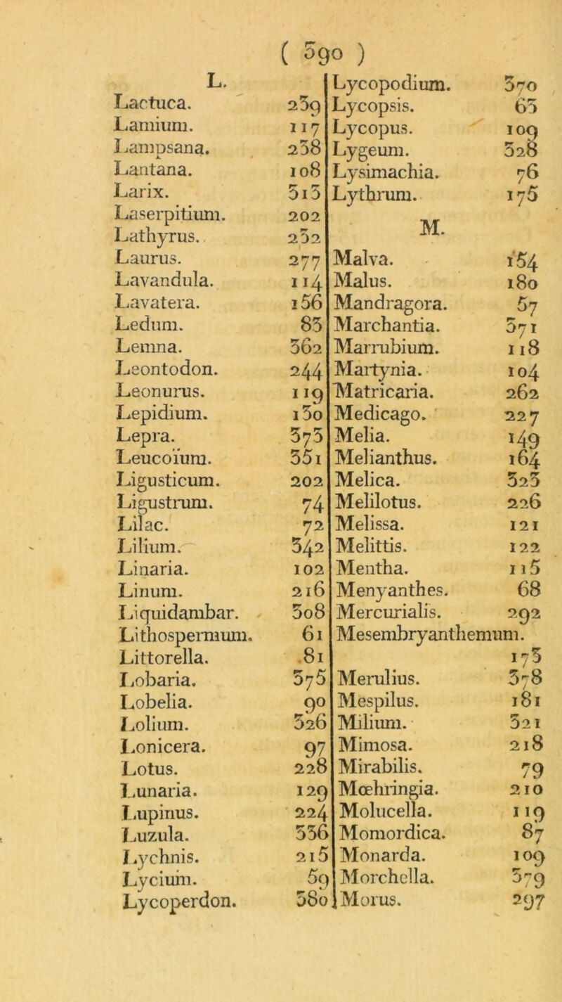 L. Lartuca. Lamium. LamDsana. A. Lantana. Larix, Laserpitiuni. Lathyrus. Laurus. Lavandula. l^avatera. Ledum. Lemna. Leontodon. Leonurus. Lepidium. Lepra. Leucoïura. Ligusticum. Ligustrum. Liîac. Ijilium. Linaria. Lirium. I^iquidambar. Lithospermum. Littorella. liObaria. Lobelia. JjOÎiuni. I. onicera. Lotus. L.unaria. J. iupirius. îiuzula. I^ychnis. Lycium. Lycoperdon. ( 5go ) 25p 117 238 108 5i5 Lycopodium. Lycopsis. Lycopus, Lygeum. Lysimachia. Lytbrum. 570 65 109 528 76 175 202 202 M. 277 114 î56 85 562 244 i5o 375 35i 202 74 72 342 102 216 5o8 61 .81 575 90 526 97 228 120 xJ 224 556 2i5 59 38o Mal va. 154 Malus. 180 Mandragora. 5? Marchantia. 571 118 Mari-ubium. Martynia. 104 Matricaria. 262 Medicago. 227 Melia. 149 Melianthus. 164 Melica. 325 Melilotus. 226 Melissa. 121 Melittis. 122 Mentha. 115 Menyanthes. 68 Mercurialis. 292 Mesembryanthemum. 175 Menilius. 5:8 Mespilus. I8I Miliuni. 521 Mimosa. 218 Mirabilis, 79 Mœhringia. 210 Molucella. 119 Momordica. 87 Monarda. 109 Morchella. 579 Müi'us. 297