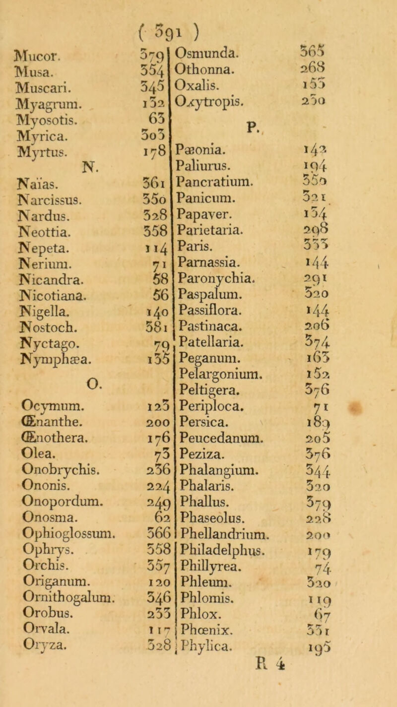 {■ Sgi ) Mucor. 379 554 Osmunda. 565 Musa. Othonna. 268 Muscari. 345 Oxalis. i55 Myagrum. 1D2 Oxytropis. 25o Myosotis. 65 P.. Myrica. 3o5 14^' Mvrtus. 178 Pæonia. N. Paliurus. 1Q4 Naïas. 561 Pancratium. 55o Narcissus. 35o Panicum. 021 Nardus. 528 Papayer. i54‘ Neottia. 558 Parietaria. 2q8 Nepeta. Neriiim. 114 Paris. 3'55 7* Pamassia. , î44 Nicandra. 58 Paronychia. 291 Nicotiana. 56 Paspalum. 520 Nigella. 140 Passiflora. 144 Nostoch. 581 Pastinaca. 206 Nyctago. 79 Patellaria. 574 N)Ti3phæa. 0. i55 Peganum. Pelai'goniuni. ' i65 i52 Peltigera. 576 Ocj’mum. 125 Periploca. 71 (Enanthe. 200 Persica. ' 189 (Enothera. 176 Peucedanum. 2o5 Olea. 75 Peziza. 576 Onobrychls. 256 Phalangiuni. 544 Ononis. 22.4 Pbalaris. 520 Onopordum. 249 Phallus. ^79 Onosma. 62 Phaseolus. 228 Ophioglossuiîi. 566 Phellandrinm. 2.00 Ophrys. 558 Philadelphus. *79 Orchis. 507 PhillyTea. 74 Origanum. 120 Phleuni. 520 Ornithogalum. 346 Phlomis. * *9 Orobus. 253 Phlox. 67 OiTala. 11 r Phœnix. 55 r Oryza. 528 ! Phylica. 195