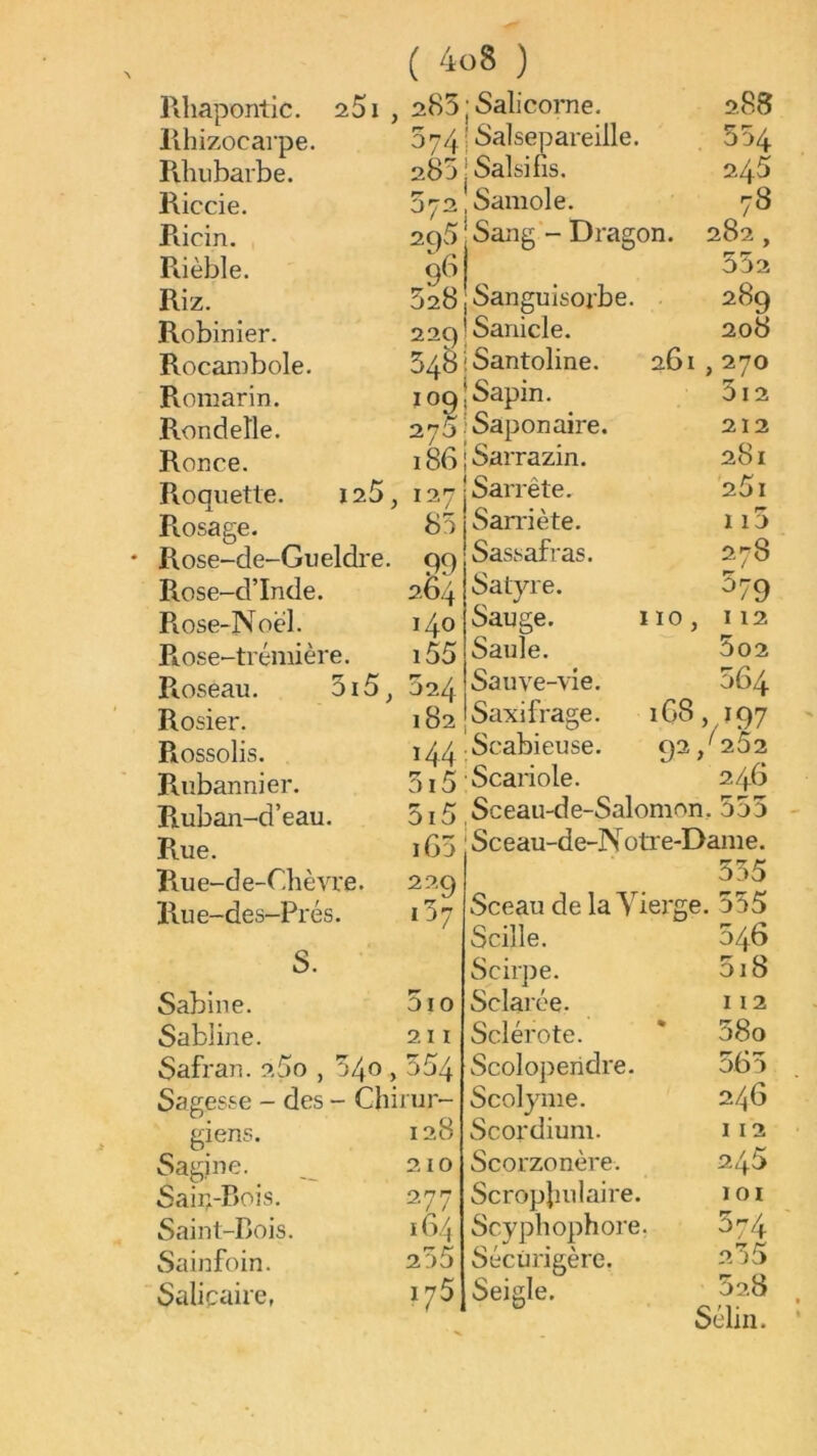 Rliapontic. aSi , 285 ; Salicorne. 288 lihizocarpe. 6741 Salsepareille. 554 Rhubarbe. 285 Salsihs. 245 Riccie. 572 Samole. 78 Ricin. 2q5 Sang - Dragon. 282 , Rièble. 552 Riz. 328 Sanguisorbe. 289 Robinier. 229 Sanicle. 208 Rocanîbole. 54& Santoline. 261 ,270 Romarin. 109 Sapin. 5i2 Rondelle. 275 Saponaire. 212 Ronce. 186 Sarrazin. 281 Pioquette. i z5, 127 Sarrête. 25i R.osage. 85 San'iète. 115 Rose-de-Gueldre. 99 Sassafras. 278 Rose-d’Inde. 2Ô4 Satyre. 579 Piose-Noël. 140 Sauge. iio, 112 Piose-trémière. i55 Saule. 5o2 Ptoseau. 3i5^ 524 Sauve-vie. 5G4 Rosier. 182 Saxifrage. 1G8 »/97 Rossolis. 144 Scabieuse. 92 /252 Riibannier. 3i5 Scariole. 2 46 Ruban-d’eau. 5i5 Sceau-de-Salomon. o35 Rue. iG5 Sceau-de-Notre-Dame. Piue-de-Chèvre. 229 335 Rue-des-Prés. U rr I D7 Sceau de la Yiei'ge. d^)5 Scille. 046 S. Scirpe. 5i8 Sabine. 5io Sclarée. I 12 Sabline. 211 Sclérote. 38o Safran. z5o , 040 , 354 Scolopendre. 5G5 Sagesse - des - Chi rur- Scolyme. 246 gi ens. 128 Scordium. 112 Sagine. 210 Scorzonère. 245 Sair^-P>ois. 277 Scropjinlaire. loi Saint-Bois. 1G4 Scyphophore. 574 Sainfoin. 235 Sécùrigère. 255 Saliçaire, 1/5 Seigle. 52,8 Selm.