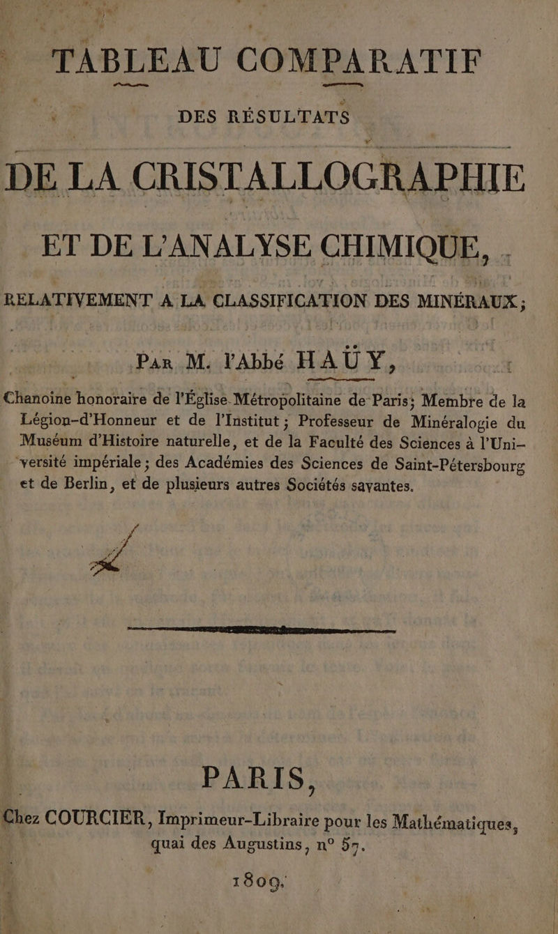 DE LA NS TALLOC MERE ET DE L'ANALYSE CHIMIQUE, RELATIVEMENT A LA CLASSIFICATION DES MINÉRAUX ; Par M. l'Abbé HAU Y, chanoit honoraire de l'Église. MASTER de Paris; Membre de la Légion-d'Honneur et de l’Institut; Professeur de Minéralogie du Muséum d'Histoire naturelle, et de 5: Faculté des Sciences à l’Uni- “versité impériale ; des Adénies des Sciences de Saint-Pétersbourg et de Berlin, et de plusieurs autres Sociétés savantes. A PARIS, Chez COURCIER, Imprimeur-Libraire pour les Mathématiques, quai des Augustins, n° 57. 1809,