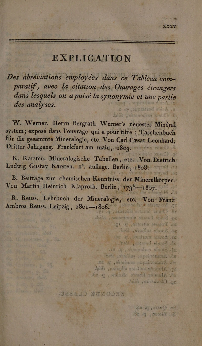 EXPLICATION Des abréviations employées dans ce Tableau com- paratif, avec la citation..des, Ouvrages étrangers dans lesquels on a puisé la synonymie et une partie des analyses. ANNE CELA W. Werner. Herrn Bergrath Werner’s neuestes Minéral system; exposé dans l'ouvrage qui a pour titre : T'aschenbuch für die gesammte Mineralogie, etc. Von Carl Cæsar Leonhard: Dritter Jahrgang. Frankfurt am main, 1860: > K. Karsten. Mineralogische Tabellen , etc. Von: Biéttich: Ludwig Gustav Karsten. 2°, auflage. Berlin, 18082 11! 11 B. Beitrâge zur chemischen Kenntniss der Mineralkôrper..: Von Martin Heinrich Klaproth. Berlin POSE 667. 00 + : ; J ; R: Reuss. Lehrbuch der Mineralogie : etc. Von Franz ° . e * F % 4 f # L a 1 © ; Ambros Reuss. Leipzig, 1801—1806. * : ” DA 4€ A L 40€ à tre £ e : LA M} .