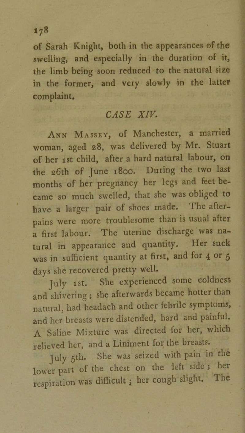 of Sarah Knight, both in the appearances of the swelling, and especially in the duration of it, the limb being soon reduced ‘to the natural size in the former, and very slowly in the latter complaint, : CASE XIV. Ann Masszy, of Manchester, a married woman, aged 28, was delivered by Mr. Stuart of her ist child, after a hard natural labour, on the 26th of June 1800. During the two last months of her pregnancy her legs and feet be- came so much swelled, that she was obliged to have a larger pair of shoes made. The after- pains were more troublesome than is usual after a first labour. The uterine discharge was na- tural in appearance and quantity. Her suck was in sufficient quantity at first, and for 4 or 4 days she recovered pretty well. July ist. She experienced some coldness and shivering; she afterwards became hotter than natural, had headach and other febrile symptoms, and her breasts were distended, hard and painful. A Saline Mixture was directed for her, which relieved her, and a Liniment for the breasts. lower part of the chest on the left side; her respiration Was difficult ; her cough slight. The