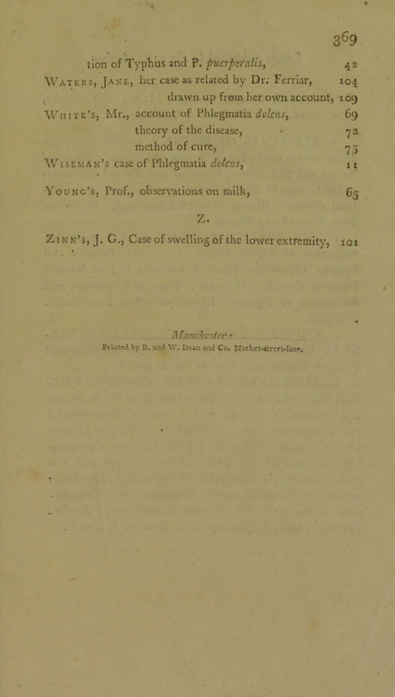 tion of Typhus and P. puerperalis, 42 Waters, Jane, her case as related by Dr: Ferriar, 104 drawn up from her own account, 169 Wises 3, Mr, account of Phlegmatia dolens, 69 theory of the disease, . 92 method of cure, 15 Wrseman’s case of Phlegmatia dolens, 11 Younc’s, Prof., observations on milk, 65 Ze Zinn’s, J. G., Case of swelling of the lower extfemity, 104 : Manchester: Psinted by R, and W. Dean and Co, ukevmiceioe: