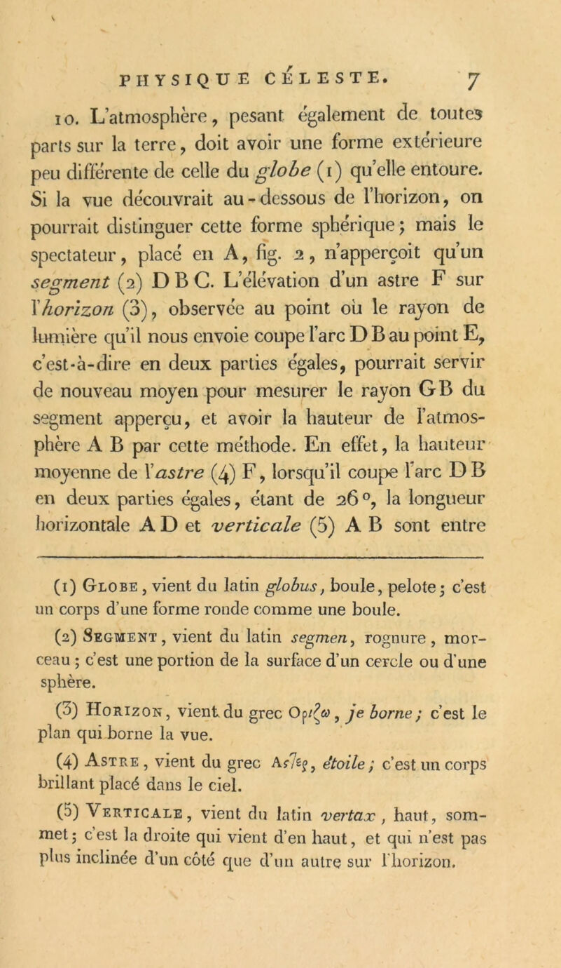 1 o. L’atmosphère, pesant egalement de tontes parts sur la terre, doit avoir une forme extérieure peu différente de celle du globe (1) quelle entoure. Si la vue découvrait au-dessous de l’horizon, on pourrait distinguer cette forme sphérique ; mais le spectateur, placé en A, fig. 2, n’apperçoit qu’un segment (2) D B C. L’élévation d’un astre F sur Xhorizon (3), observée au point ou le rayon de lumière qu’il nous envoie coupe l’arc D B au point E, c’est-à-dire en deux parties égales, pourrait servir de nouveau moyen pour mesurer le rayon G B du segment apperçu, et avoir la hauteur de l’atmos- phère A B par cette méthode. En effet, la hauteur moyenne de Xastre (4) F, lorsqu’il coupe lare DB en deux parties égales, étant de 26°, la longueur horizontale A D et verticale (5) A B sont entre (1) Globe , vient du latin globus, boule, pelote • c’est un corps d’une forme ronde comme une boule. (2) Segment, vient du latin segmen, rognure, mor- ceau ; c’est une portion de la surface d’un cercle ou d’une sphère. (3) Horizon, vient du grec je borne ; c’est le plan qui borne la vue. (4) Astre , vient du grec Af/s?, étoile ; c’est un corps brillant placé dans le ciel. (5) Verticale, vient du latin vertax, haut, som- met; cest la droite qui vient d’en haut, et qui n’est pas plus inclinée d’un côté que d’un autre sur l'horizon.