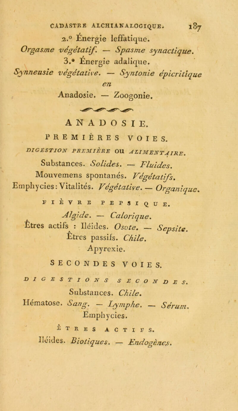 nS* Énergie leffatique. Orgasme végétatif, — Spasme synactique, ^ 3.® Énergie adalique. Synneusie végétative, — Syntonie épicritique en Anadosie. — Zoogonie, ANADOSIE. PREMIÈRES VOIES. DIGESTION PREMIÈRE OU ALIMENTAIRE, « Substances. Solides, — Fluides, Mouvemens spontanés. Végétatifs, Emphycies: Vitalités. Végétative, — Organique, FIÈVRE PEPSIQUE. ■Algide, — Calorique, Êtres actifs^ : Iléides. Osote, — Sepsite, Etres passifs. Chile, Apyrexie. SECONDES VOIES. DIGESTIONS SECONDES, Substances. Chile, Hématose. Sang, — Lymphe, — Sérunt, Emphycies. ETRES ACTIFS. Ileides. Biotiques, — Fndogènes*