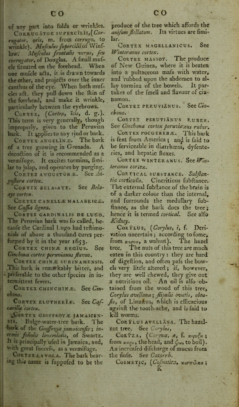 I c o of any part into folds or wrinkles. CoRRUGATOR SUrERCJLII,( Cor- rugator, oris, m. from cor rug a, to wrinkle). Mufcutus fuperciliiof YVinf- , low. Mufculus frontalis vcrus, feu corn/gator, of Douglas. A fmall muf- cle fituated on the forehead. When one mufcle afts, it is drawn towards the other, and projefts over the inner canthus of the eye. When both muf- eles aft. they pull down the fkirt of the forehead, and make it wrinkle, particularly between the eyebrows. Cortex, (Cortex, Ids, d. g.). This term is veryr generally, though Improperly, given to the Peruvian bark. It applies to any rind or bark. Cortex akg elin/e. The bark of a tree growing in Grenada. A decoftion of it is recommended as a vermifuge. It excites tormina, fimi- lar to jalap, and operates by purging. Cortex angustura. See Ati- gvjlura cortex. * Cortex bei.a-aye. See Bela- aye cortex. . Cortex c a n e l l a malabrica* See Cajfea lignca. Cortex cardinalis de lugo. The Peruvian bark was fo called, be- caufe the Cardinal L ugo had teftimo- nials of above a thoufand cures per- formed by it in the year 1653. Cortex china; regjus. See Cinchona cortex peruvianus Jluvus. Cortex china surinamensis. .This bark is remarkably bitter, and ■ preferable to the other fpecies in in- termittent fevers. Cortex CHiNCHiNA. See Cin- chona, Cortex elutheria. See Caf- carilU cortex. ^.Cortex geoffroya jamaicen- sis. llulge-water-tree bark. The bark of the Geoffroya jamaiccnjis ; in- crmis foliolis lanceolatis, of Swartz. It is principally ufed in Jamaica, and, vvith great fuccefs, as a vermifuge. , Cortex lavola. The bark bear- ing this name is fuppofed to be the c o produce of the tree which affords the anifum Jlcllatum. Its virtues are fimi- lar. Cortex magellanicus. See Winter anus cortex. Cortex massoy. The produce of New Guinea, where it is beaten into a pultaceous mafs with water, and rubbed upon the abdomen to al- lay tormina of the bowels. It par- takes of the fmell and flavour of cin- namon. Cortex peruvianus. See Cin* chona. Cortex peruvianus f.uber. See Cinchona cortex peruvianus ruber. Cortex pocgereba* This bark is fent from America \ and is faid to be ferviceable in diarrhoeas, dyfente- ries, and hepatic fluxes. Cortex winter anus. See Win- teranus cortex. Cortical substance. Suljlan- tia corticalis. Cineritious fubftance. The external fubflance of the brain is of a darker colour than the internal, and furrounds the medullary fub- ftance, as the bark does the tree; hence it is termed cortical. See alfo Kidney. Corylus, (Corylus, 2, f. Deri- vation uncertain ; according to Corner from xrtaya, a walnut). The hazel tree. The nuts of this tree are much eaten in this country : they are hard of digeftion, and often pafs the bow- els very little altered; if, however, they are well chewed, they give out a nutritious oil. An oil is alfo ob- tained from the wood of this tree, Corylus avellana ; Jlipulis ovatrs, obtu- fis, of Linn^us, which is efficacious agAinft the tooth-ache, and is faid to kill Worms. Corylus avf.llana. The hazel- nut tree. See Corylus, Co R v z A, ( Coryza, a, f. xopvZa. ; from the head, and €tU, to boil). An increafed difeharge of mucus from the nofe. See Catarrh. Cosmetic, (Cofmetica, xornrfixcc ; K