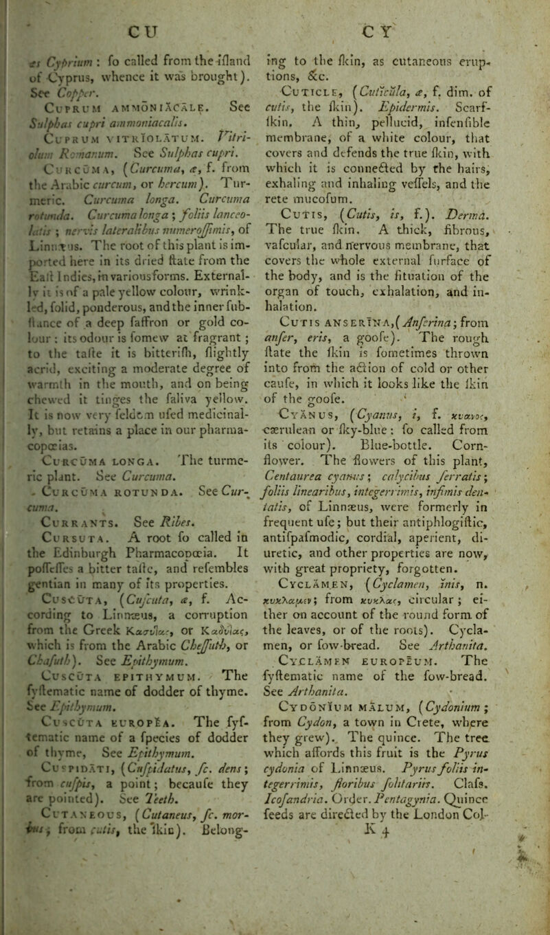 ts CyPrium : fo called from the ifland of -Cyprus, whence it was brought ). Set* Copper. Cuprum ammoniac ale. See Sulphas cupri ammoniac alls* Cuprum vitriol a tu m . lrit ri- ch t: : R nanum. See Sulphas cupri. Curcuma, (Curcuma, ee, L from the Arabic curcum, or hercum). Tnr- meric. Curcuma longa. Curcuma rotunda. Curcuma longa; foliis lanceo- hitis ; nerv'ts latcralihus mtmerojfimis, of Linn vis. The root of this plant is im- ported here in its dried ftate from the Eall Indies, in various forms. External- lv it is of a pale yellow colour, wrink- led, folid, ponderous, and the inner fub- Uance of a deep faffron or gold co- lour : its odour is fomew at fragrant ; to the talle it is bitterifh, flightly acrid, exciting a moderate degree of warmth in the mouth, and on being chewed it tinges the faliva yellow. It is now very feldom ufed medicinal- ly, but retains a place in our pharma- copoeias. Curcuma longa. The turme- ric plant. See Curcuma. - Curcuma rotunda. See Cur- cuma. Currants. See Riles. Cursuta. A root fo called in the Edinburgh Pharmacopoeia. It pofTclTes a bitter talle, and refembles gentian in many of its properties. Cu sc ut a , ( Cufcuta, a, f. Ac- cording to Linnaeus, a corruption from the Greek Ketovlu?, or K which is from the Arabic Chejfuth, or Chjfuth). See Epithymum. Cuscuta epithymum. The fyflematic name of dodder of thyme. See Epithymum. CuscOta kuropEa. The fyf- tematic name of a fpecies of dodder of th yme, See Epithymum. Cuvpidati, (Cnfpidatus, fc. dens ; from cufpijy a point; becaufe they arc pointed). See Teeth. Cutaneous, (Cutaneus, fc. mor- inn, from cutis, thelkic). Belong- i * ing to the fkin, as cutaneous erup- tions, See. Cuticle, (Guticula, a, f. dim. of cutis, the ikin). Epidermis. Scarf- Ikin. A thin, pellucid, infenfible membrane, of a white colour, that covers and defends the true fkin, with which it is connected by the hairs, exhaling and inhaling veffels, and the rete mucofum. Cutis, (Cutis, is, f.). Derma. The true fkin. A thick, fibrous, vafeuiar, and nervous membrane, that covers the whole external lurface of the body, and is the iituation of the organ of touch, exhalation, and in- halation. Cutis anserina,(Anfcrina\ from anfer, eris, a goofe). The rough date the fkin is fometimes thrown into from the ablion of cold or other caufe, in which it looks like the fkin of the £oofe. Cyan us, (Cyanus, i, f. xvavoc, caerulea-n or fky-biue : fo called from its colour). Blue-bottle. Corn- flower. The flowers of this plant, Centaurea cyanus ; calycibus ferratis; folds linearibus, integer rimis, inf mis den- tat is, of Linnaeus, were formerly in frequent ufe; but their antiphlogiflic, antifpafmodic, cordial, aperient, di- uretic, and other properties are now, with great propriety, forgotten. Cyclamen, (Cyclamen, inis, n. xmc^ctfxsvi from xv>iXa.<, circular; ei- ther on account of the round form of the leaves, or of the roots). Cycla- men, or fow-bread. See Arthanita. Cyclamen europeum. The fyflematic name of the fow-bread. See Arthanita. Cydonivm malum, (Cydonium ; from Cydon, a town in Crete, where they grew). The quince. The tree, which affords this fruit is the Pyrus cy don't a of Linnaeus. Pyrus foliis in- teger rimis, fioribus folitarih, Clafs. Jcofandria. Order. Pentagynia. Quince feeds are dire&ed by the London CoJ- K + ,r 1 * &