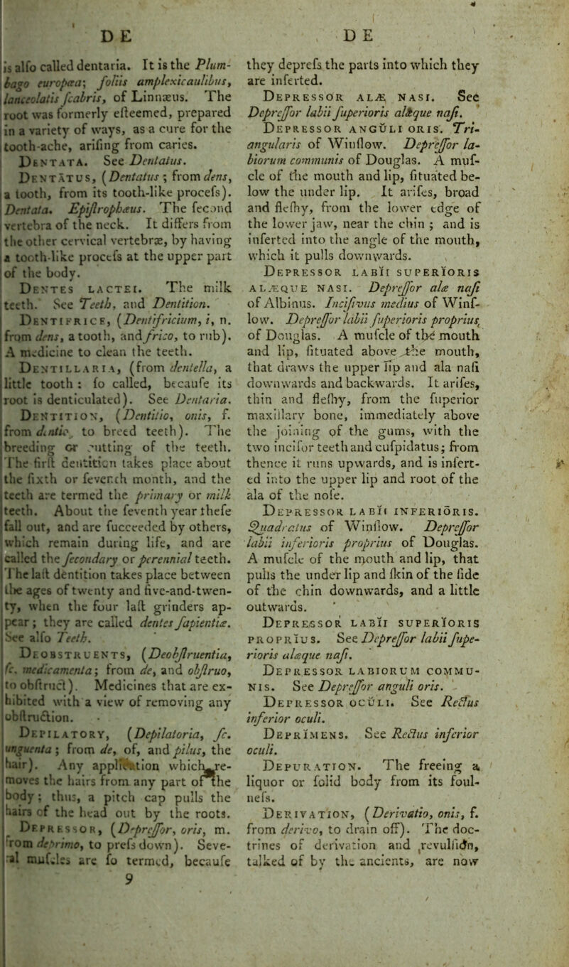 Iffr' '• DE | is alfo called dentaria. It is the Plum- bago curopeea, /o/rn amplexicaulibus, Ilanceolatis fcabris, of Linnaeus. The root was formerly elleemed, prepared ! in a variety of ways, as a cure for the i tooth-ache, arifing from caries. Dentata. See Dentalus. Dentatus, (Dent at us ; fr o m den s, I a tooth, from its tooth-like procefs). i Dentata. Epi/lrophaus. The fecand vertebra of the neck. It differs from the other cervical vertebrae, by having a tooth-like procefs at the upper part i of the body. Dentes lactei. The milk , teeth. See Teeth, and Dentition. Dentifrice, (Dentifricium, i, n. from Jens, a tooth, andfrico, to rub). A medicine to clean the teeth. Dentillaria, (from Jeniella, a little tooth : fo called, btcaufe its root is denticulated). See Dentaria. Dentition, (Dcntitio, on is, f. from Jinth. to breed teeth). The breeding or cutting of the teeth. The firft dentition takes place about ithe fixth or fevench month, and the teeth are termed the primary or milk teeth. About the feventh year thefe fall out, and are fucceeded by others, which remain during life, and are called the fecotidary or perennial teeth. The lail dentition takes place between ll>e ages of twenty and five-and-tvven- ty, when the four lalt grinders ap- pear ; they are called dentes fapientia. See alfo Teeth. Df.ob strcents, (Deobjlruentia, fc. medic amenta', from de, and ohjlruo, toobftmcl). Medicines that are ex- hibited with a view of removing any obftnidlion. Depilatory, (Depilatoria, fc. unguenta ; from de, of, and pilus, the hair). Any applP&ttion which^re- moves the hairs from any part ofihe body; thus, a pitch cap pulls the hairs cf the head out by the roots. Depressor, [^Depreffor, oris, m. rom det'rimo, to prefs down). Seve- *al ciufdcs are fo termed, becaufe 9 . r. ■ , D E they deprefs the parts into which they are inferted. Depressor alje nasi. See Depreffor labii fuperioris atikque naft. Depressor anguli oris. Tri- angularis of Window. Depreffor la- biorum communis of Douglas. A muf- cle of the mouth and lip, fituated be- low the under lip. It arifes, broad and fiefhv, from the lower td^e of ' . O the lower jaw, near the chin ; and is inferted into the angle of the mouth, which it pulls downwards. Depressor labii superioris al/eque nasi. DepreJJor ala naft of Albinus. Incifivus medius of Winf- lovv. Deprefor labii fuperioris proprius( of Douglas. A mufcle of tlxf mouth and lip, fituated above Abe mouth, that draws the upper Tip and ala nah downwards and backwards. It arifes, thin and fledry, from the fuperior maxiilary bone, immediately above the joining of the gums, with the two incifor teeth and cufpidatus; from thence it runs upwards, and is infert- ed into the upper lip and root of the ala of the note. Depressor labii inferioris. Quad rat us of Window. Depreffor labii inferioris proprius of Douglas. A mufcle of the mouth and lip, that pulls the under lip and dun of the fide of the chin downwards, and a little outwards. D EPRE/SSOR LABII SUPERIORIS proprius. See DepreJJor labii fupe- rioris alaque nafi. Depressor labiorum commu- nis. See Depreffor anguli oris. Depressor oculi. See Reft us inferior oculi. DeprImens. See Re fins inferior oculi. Depuration. The freeing a liquor or folid body from its foul- nefs. Derivation, (Derivatio, onis, f. from derivo, to drain off). The doc- trines of derivation and revuliidn, talked of by the ancients, are now