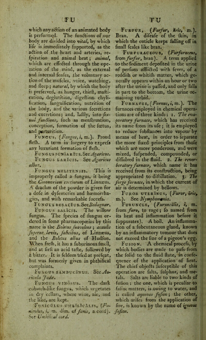 FU which any a6Hon of an animated body is performed. The fun&ions of our body are divided into vital, by which life is immediately fupported, as the a&ion of the heart and arteries, re- fpiration and animal heat; animal, which are effected through the ope- ration of the mind, as the external and internal fenfes, Nthe voluntary ac- tion of the mufcles, voice, watching, and deep ; natural, by which the body is prelerved, as hunger, third:, maiti- cation, deglutition, digeftioni chyli- fication, fanguification, nutrition of the body, and the various fecretions and excretions; and, Lilly, intofex- ual functions, fuch as menftruation, conception, formation of the foetus, and parturition. Fungus, {Fungus, i, m.). Proud flelh. A term in- lurgery to exprefs any luxuriant formation of flefh. FuNGusiCNiARfus.See Agaricus. Fungus laricis. See Agaricus albus. Fungus melitensis. This is improperly called a fungus, it being the Cinomorium coccineum of Linnaeus. A drachm of the powder is given for a dofe in dyfenteries and haemorvha- gies, and with remarkable fuccefs. FIingus rcsacIv s.SeeBedaguar. Fungus salicis. The willow fungus. The fpecies of fungus or- dered in fomc pharmacopoeias by this name is the Boletus fuavolens ; acaulis fuperns. luevis, faheibus, of Linnseus, and the Boletus albus of Hudfon. When frefh,it has a fuburinous fmtll, and at iirft an acid tafte, followed by it bitter. It is ftldom tifed at prefeDt, but was formerly given in phtjiifical complaints. Fungus sambucTntjs. Set Au- ricula Judzc. Fungus vinos us. The dark cobweb-like fungus, which -vegetates in. dry cellars, v\here wine, ale, and the like, are kept. Funiculus umbiltcalis, {Fu- niculus, z, m. dim. of funis, a cord). See Umbilical cord. Furfur, (Furfur, Xris, m.). Bran. A difeafe of the (kin, in which the cuticle keeps falling off in fmall feales like bran. Fur furaceous, (Furfuraceus, from furfur, bran). A term applied to the fediment depofited in the urine of perfons affli&ed with fever, of a reddith or whitifh matter, which ge- nerally appears within an hour or two after the urine is pafled, and only falls in part to the bottom, the urine re- maining turbid.' Furnaces, {Furnus, i, m.). The furnaces employed in chemical opera- tions are of three kinds ; i. The eva- poratory furnace, which has received its name from its ufe ; it is employed to reduce fubftanees into vapour by means of heat, in order to ieparate the more fixed principles from thofe which are more ponderous, and were mixed, fufpended, compounded, or difiblved in the fluid. 2. The rever- beratory furnace, which name it has received from its conftru&ion, being appropriated to diftillation. 3: The forge furnace, in which the current of air is determined by bellows. Furor uterinus, {Furor, oris, m.). See Nymphomania. Furuncle, {Furunculis, i, m, from furo, to rage; fo named f.om its heat and inflammation before it fuppurates). Aboil. An inflamma- tion of a fubcutaneous gland, known by an inflammatory tumour that does not exceed the fize of a pigeon's egg. Fusion. A chemical procefs, by which bodies are made to pafs from the folid to the fluid (late, in confe- quence of the application of heat. The chief objects fufceptible of this operation are falts, fulphur, and me- tals. Salts are liable to two kinds of fufion : the one, which is peculiar to falint matters, is owing to water, and is called aqueous fufion ; the other, which arifes from the application of fire, is known by the name of igneous fufion.