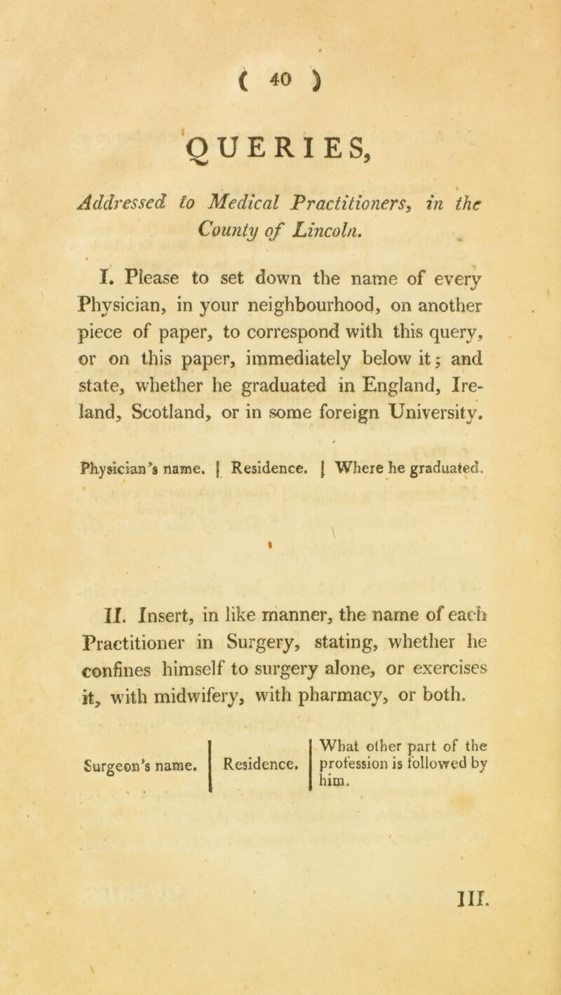 QUERIES, V Addressed to Medical Practitioners, in the County of Lincoln, I, Piease to set down the name of every Physician, in your neighbourhood, on another piece of paper, to correspond with this query, or on this paper, immediately below it; and state, whether he graduated in England, Ire- land, Scotland, or in some foreign University, PhyMcian^s name. | Residence. | Where he graduated. « II. Insert, in like manner, the name of each Practitioner in Surgery, stating, whether he confines himself to surgery alone, or exercises it, with midwifery, with pharmacy, or both. Surgeon's name. Residence. What other part of the profession is follovTcd by him. III.