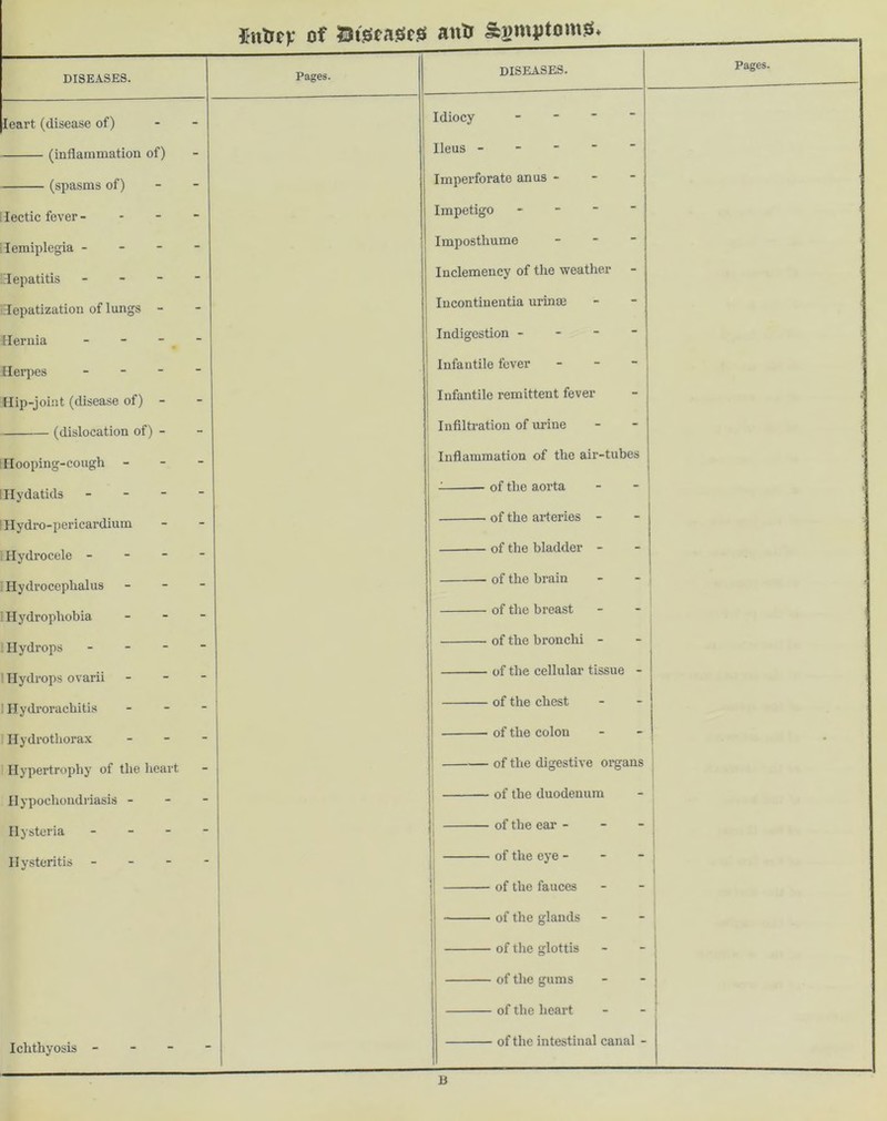 tutrcr of Siiseasieisi anU Symptoms* DISEASES. Pages. DISEASES. Pages. leart (disease of) Idiocy - - ■ ■ (inflammation of) Ileus - - - ■  (spasms of) Imperforate anus - - ■ lectic fever - - - - Impetigo - lemiplegia - - - - i Imposthume - - - hepatitis - - - - Inclemency of the weather hepatization of lungs - Incontinentia urinae Hernia - - - Indigestion - - -  j Heq>es _ . - - Infantile fever - - ~ j Hip-joint (disease of) - Infantile remittent fever - ' (dislocation of) - Infiltration of urine Hooping-cough _ - - Inflammation of the air-tubes Hydatids _ - - - of the aorta Hydro-pericardium of the arteries - Hydrocele - - - - i i of the bladder - Hydrocephalus _ - - 1 ' 1 of the brain 1 1 Hydrophobia _ . - 1 of the breast 1 of the bronchi - Hydrops - - - - of the cellular tissue - 1 Hydrops ovarii - - - 1 Ilydrorachitis - - - of the chest 1 j 1 Ilydrothorax - _ - of the colon 1 Hypertrophy of the heart ' of the digestive organs t Hypochondriasis - - - 1 of the duodenum Hysteria _ - - - of the ear - - - ll \. Ilysteritis - - - - of the eye - 1 i of the fauces ! !l of the glands of the glottis 1 , of the gums of the heart ! Ichthyosis - - - - of the intestinal canal - B