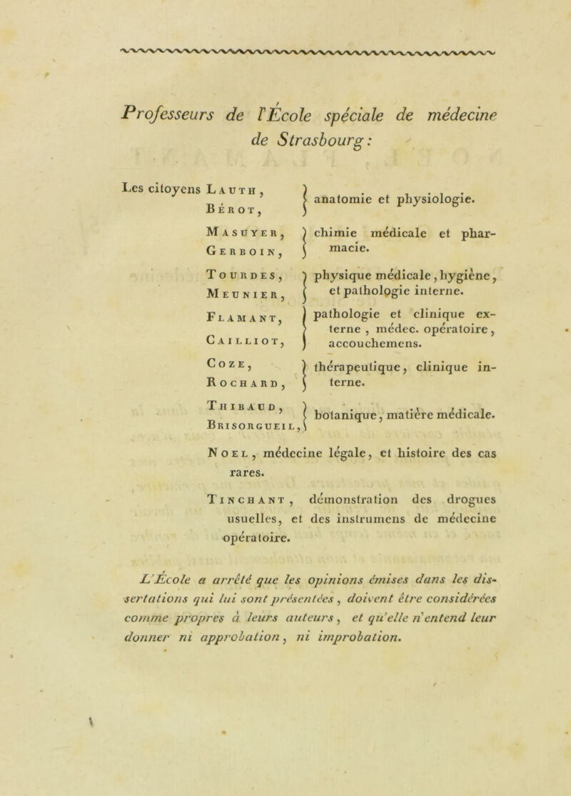 Professeurs de ïÉcole spéciale de médecine de Strasbourg : analomie et physiologie. chimie médicale et phar- macie. physique médicale, hygiène , et pathologie interne. pathologie et clinique ex- terne , médec. opératoire, accouchemens. thérapeutique, clinique in- terne. « • 4 \ botanique, matière médicale. Noël, médecine légale, et histoire des cas rares. Tinchant, démonstration des drogues usuelles, et des instrumens de médecine opératoire. L. École a arreté que les opinions émises dans les dis- serta tio//s qui lui sont présentées , doivent être considérées comme propres à leurs auteurs , et qu’elle n entend leur donner ni approbation, ni improbation. Les citoyens Laüth, B é a o t , M A S U Y E R , G E R B O I N , T O U R D E S , Meunier, Flamant, C A I LLI OT, C O Z E , R O C H A R D , T H I B A U D , Brisorgueil