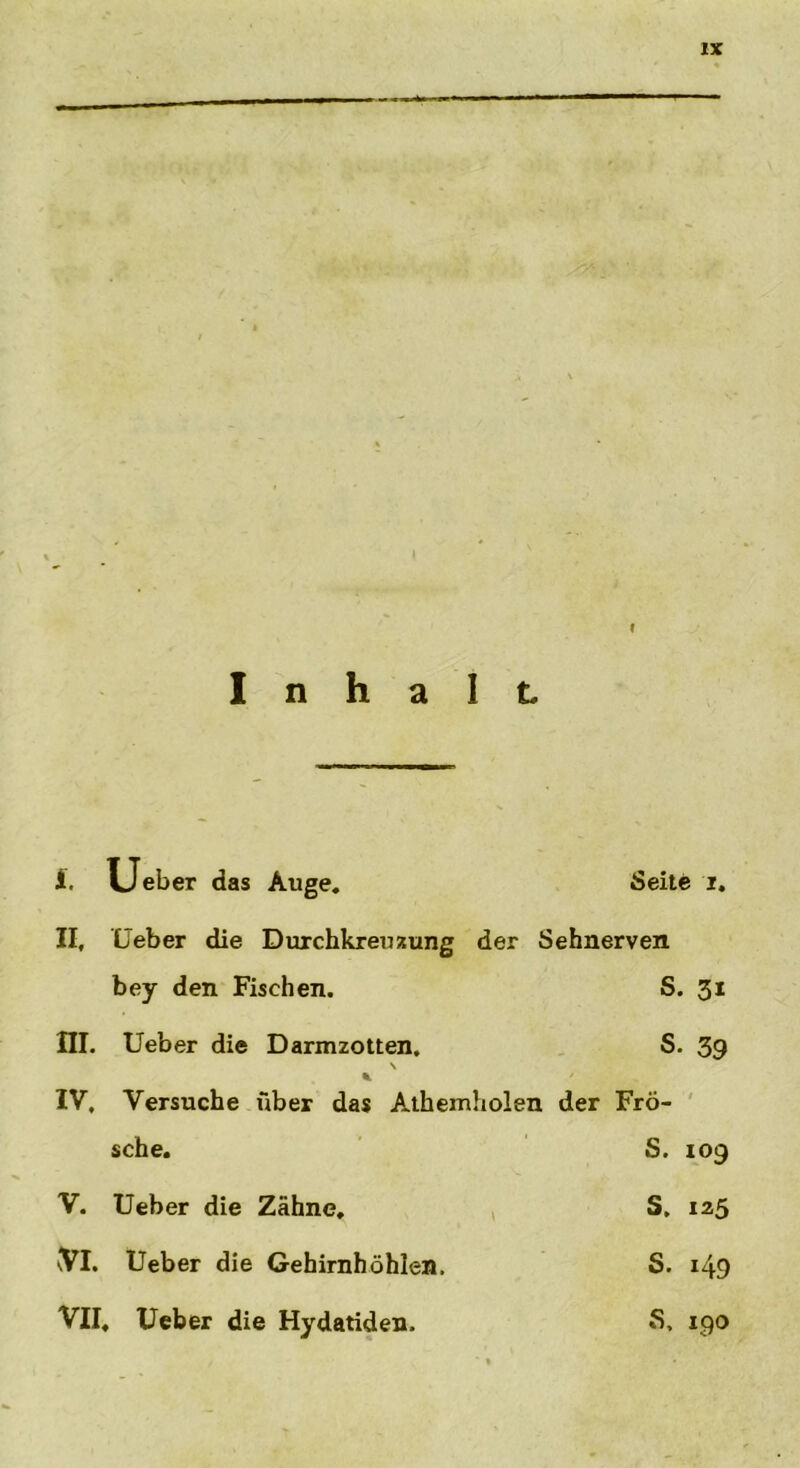 Inhalt i. Lieber das Auge. Seite i. II, Ueber die Durchkreuzung der Sehnerven bey den Fischen. S. 31 m. Ueber die Darmzotten. \ s. 39 IV. * Versuche über das Athemholen der Frö- sehe. S. 109 V. Ueber die Zähne. S. 125 vVl. Ueber die Gehirnhöhlen. S. 149 VII, , Ueber die Hydatiden, S, 190