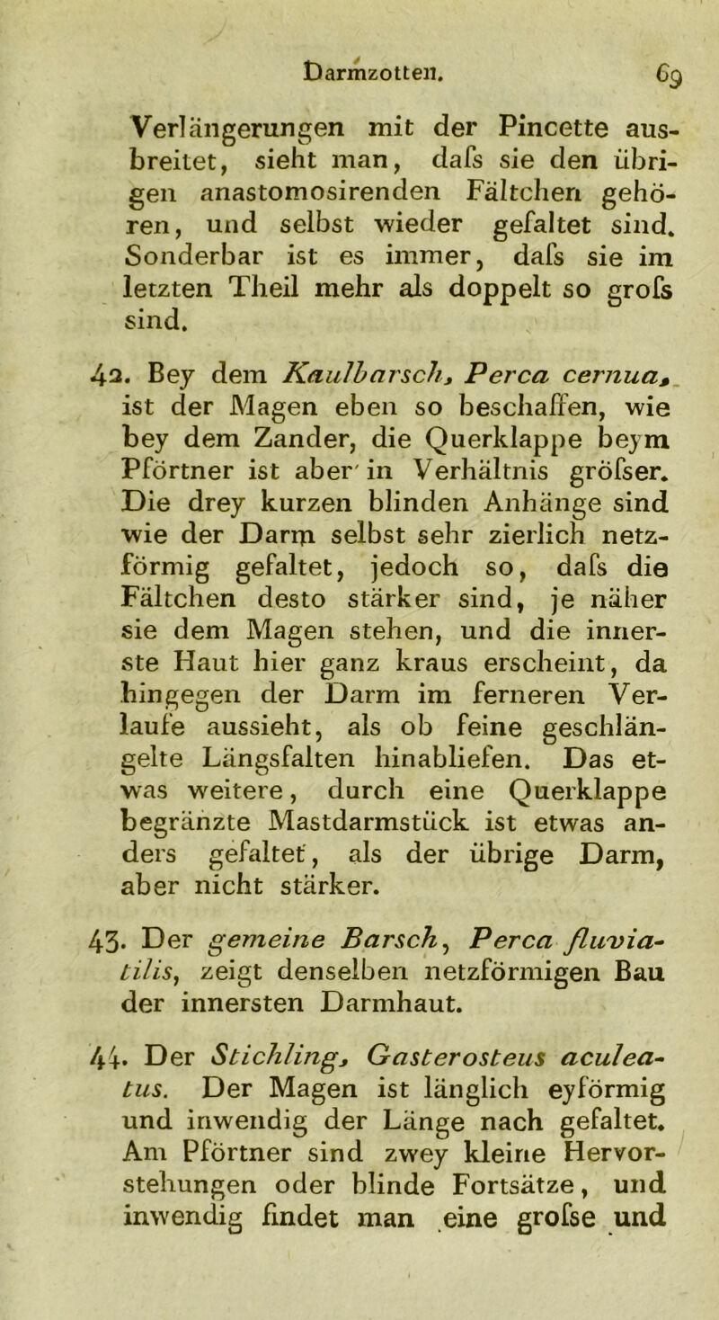 Verlängerungen mit der Pincette aus- breitet, sieht man, dafs sie den übri- gen anastomosirenden Fältchen gehö- ren, und selbst wieder gefaltet sind. Sonderbar ist es immer, dafs sie im letzten Theil mehr als doppelt so sind. 4a. Bey dem Kaulbarsch, Perca cernua, ist der Magen eben so beschaffen, wie bey dem Zander, die Querklappe bejm Pförtner ist aber in Verhältnis gröfser. Die drey kurzen blinden Anhänge sind wie der Darm selbst sehr zierlich netz- förmig gefaltet, jedoch so, dafs die Fältchen desto stärker sind, je näher sie dem Magen stehen, und die inner- ste Haut hier ganz kraus erscheint, da hingegen der Darm im ferneren Ver- laufe aussieht, als ob feine geschlän- gelte Längsfalten hinabliefen. Das et- was weitere, durch eine Querklappe begränzte Mastdarmstiick ist etwas an- ders gefaltet, als der übrige Darm, aber nicht stärker. 43- Der gemeine Barsch, Perca fiuvia- tilis, zeigt denselben netzförmigen Bau der innersten Darinhaut. 44. Der Stichling, Gasterosteus aculea- tus. Der Magen ist länglich eyförmig und inwendig der Länge nach gefaltet. Am Pförtner sind zwey kleine Hervor- stehungen oder blinde Fortsätze, und inwendig findet man eine grofse und