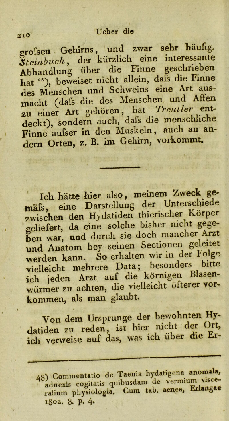 210 «rofsen Gehirns, und zwar sehr häufig. Steinbuch, der kürzlich eine interessante Abhandlung über die Finne geschrieben beweiset nicht allein, dais die linne des Menschen und Schweins eine Art aus- macht (dafs die des Menschen und Allen zu einer Art gehören, bat Treutier- ent- deckt), sondern auch, dafs die menschliche Finne aufser in den Muskeln, auch an an- dern Orten, z, B. im Gehirn, vorkommt. Ich hätte hier also, meinem Zweck ge- mäß», eine Darstellung der Unterschiede zwischen den Hydatiden thierischer Körper geliefert, da eine solche bisher nicht gege- ben war, und durch sie doch mancher Arzt und Anatom bey seinen Sectionen geleitet werden kann. So erhalten wir in der folge vielleicht mehrere Data; besonders bitte ich ieden Arzt auf die körnigen Blasen- würmer zu achten, die vielleicht öfterer Vor- kommen, als man glaubt. Von dem Ursprünge der bewohnten Hy- datiden zu reden, ist hier nicht der Ort, ich verweise auf das, was ich über die Kr- /cA Commentatio de Taenia hydatigena anoroala, adnexis cogitatis quibusdatn de vermium visc - ralium physiologia. Cum tab. aenea, Erlangae