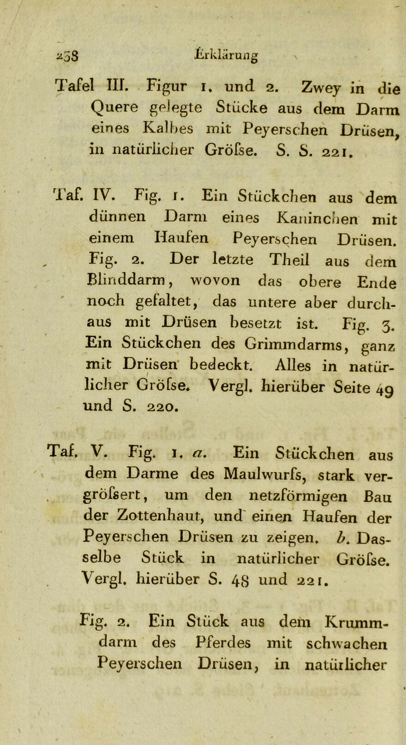 ^38 .Erklärung Tafel III. Figur i. und 2. Zwey in die Quere gelegte Stücke aus dem Darm eines Kalbes mit Peyersehen Drüsen, in natürlicher Gröfse. S. S. 221. Taf. IV. Fig. r. Ein Stückchen aus dem dünnen Darm eines Kaninchen mit einem Haufen Peyerschen Drüsen. Fig. 2. Der letzte Theil aus dem Blinddarm, wovon das obere Ende noch gefaltet, das untere aber durch- aus mit Drüsen besetzt ist. Fig. 3. Ein Stückchen des Grimmdarms, ganz mit Drüsen bedeckt. Alles in natür- licher Gröfse. Vergl. hierüber Seite 49 und S. 220. Taf. V. Fig. 1, a. Ein Stückchen aus dem Darme des Maulwurfs, stark ver- gröfsert, um den netzförmigen Bau der Zottenhaut, und einen Haufen der Peyerschen Drüsen zu zeigen, b. Das- selbe Stück in natürlicher Gröfse. Vergl. hierüber S. 48 und 221. Fig. 2. Ein Stück aus dem Krumm- darm des Pferdes mit schwachen Peyerschen Drüsen, in natürlicher