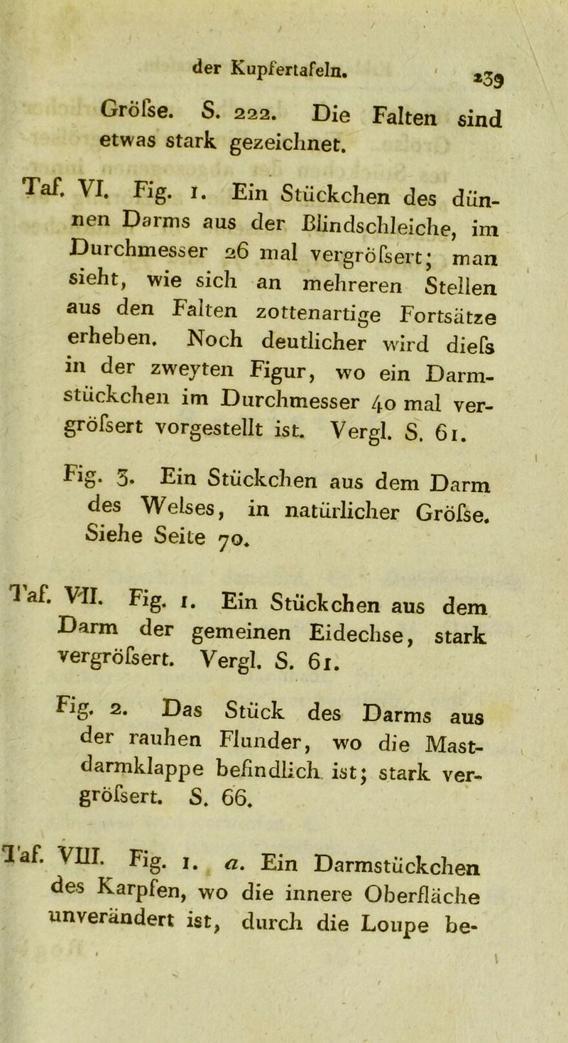 der Kupfertafeln. Gröfse. S. 222. Die Falten sind etwas stark gezeichnet. Taf. VI. Fig. 1. Ein Stückchen des dün- nen Darms aus der Blindschleiche, im Durchmesser 26 mal vergröfsert; man sieht, wie sich an mehreren Stellen aus den Falten zottenartige Fortsätze erheben. Noch deutlicher wird diefs in der zweyten Figur, wo ein Darm- stückchen im Durchmesser 40 mal ver- gröfsert vorgestellt ist. Vergl. S. 61. fig. 5. Ein Stückchen aus dem Darm des Welses, in natürlicher Gröfse. Siehe Seite 70. T af. VII. Fig. 1. Ein Stückchen aus dem Darm der gemeinen Eidechse, stark vergröfsert. Vergl. S. 61. Fig. 2. Das Stück des Darms aus der rauhen Flunder, wo die Mast- darmklappe befindlich ist; stark ver- gröfsert. S. 66. laf. VIII. Fig. 1. a. Ein Darmstückchen des Karpfen, wo die innere Oberfläche unverändert ist, durch die Loupe be-