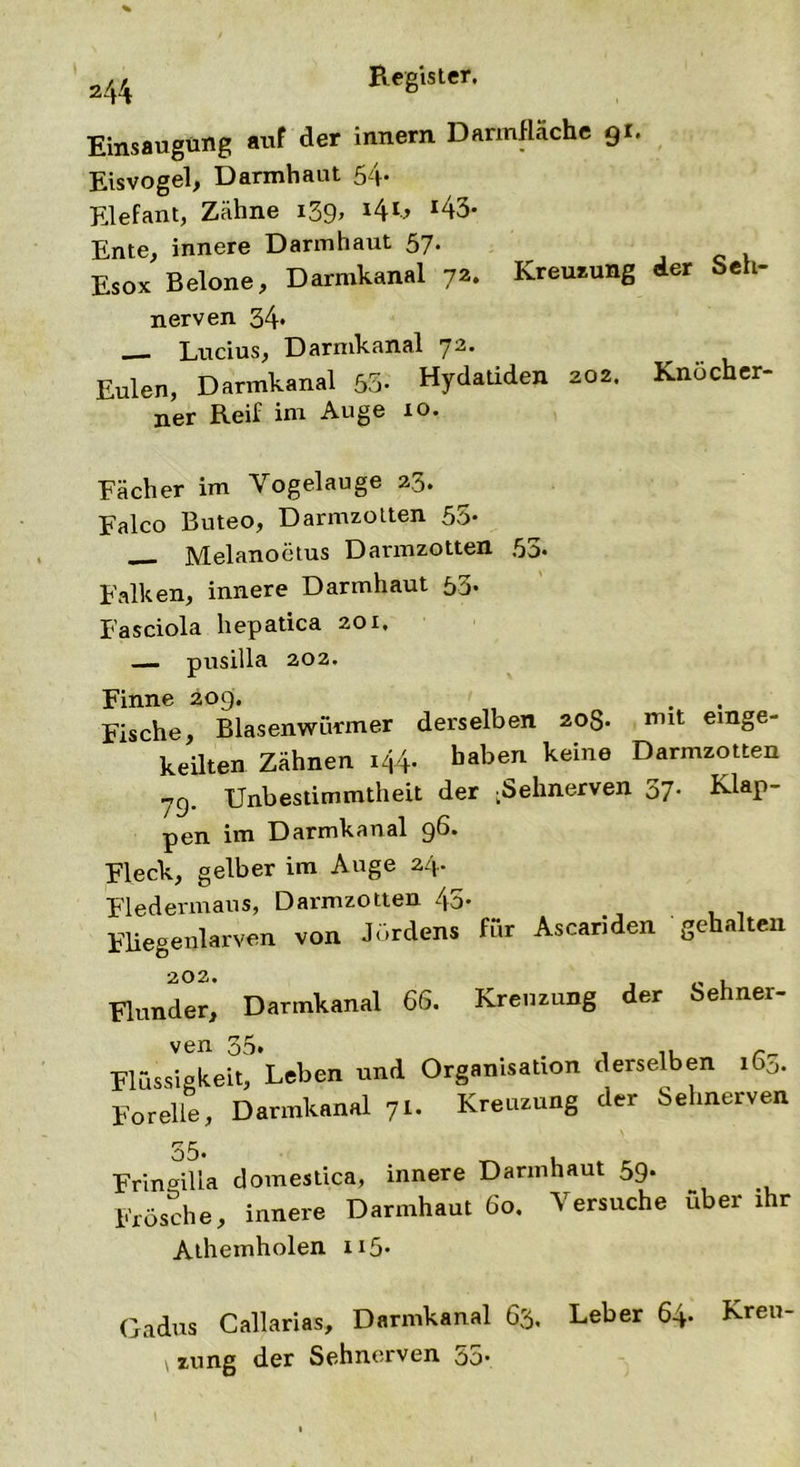 a44 Einsaugung auf der innem Darmfläche 91. Eisvogel, Darmhaut 54- Elefant, Zähne i39> *4U *43- Ente, innere Darinhaut 57. Esox Belone, Darmkanal 72. Kreuzung der Seh- nerven 34* . Lucius, Darmkanal 72. Eulen, Darmkanal 55- Hydatiden 202. Knöcher- ner Reif im Auge 10. Fächer im Vogelauge 25. Falco Buteo, Darmzotten 55- Melanoetus Dannzotten .53. Falken, innere Darmhaut 53. Fasciola hepatica 201. — pusilla 202. Finne 20g. , Fische, Blasenwiirmer derselben 20S. mit einge- keilten Zähnen 144. haben keine Darmzotten jg. Unbestimmtheit der -Sehnerven 37- KlaP~ pen im Darmkanal 96. Fleck, gelber im Auge 24. Fledermaus, Darmzotten 45. Fliegenlarven von Jördens für Ascariden gehalten Flunder^ Darmkanal 66. Kreuzung der Sehner- Flüssiekeit, Leben und Organisation derselben iSS. Forelle, Darmkanal 71. Kreurung der Sehnerven 35. Frin<nlla domestica, innere Darmhaut 59. Frösche, innere Darmhaut 60. Versuche über ihr Athemholen u5* Gadus Callarias, Darmkanal 63. Leber 64. Kreu- i zung der Sehnerven 55.