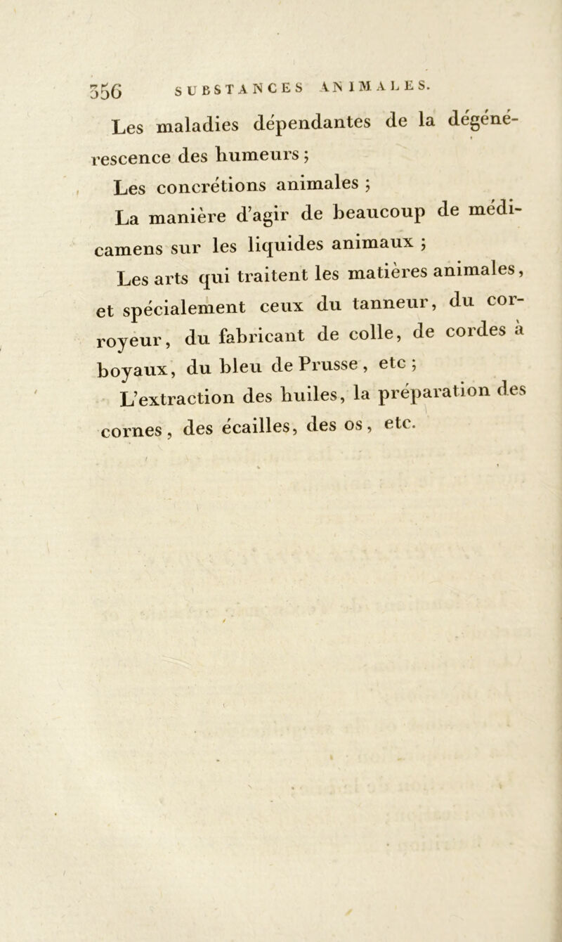 Les maladies dépendantes de la degéne- « rescence des humeurs ; Les concrétions animales ; La manière d’agir de beaucoup de médi- camens sur les liquides animaux ; Les arts qui traitent les matières animales, et spécialement ceux du tanneur, du coi- royeur, du fabricant de colle, de cordes à boyaux, du bleu de Prusse , etc; L’extraction des huiles, la préparation des cornes, des écailles, des os, etc.