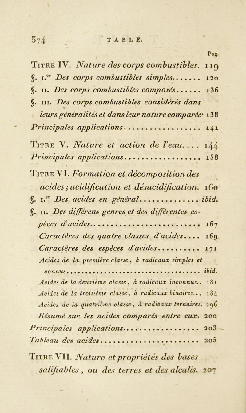 Pag. Titre IV. Nature des corps combustibles. 119 §. i.cr Des corps combustibles simples 120 §. n. Des corps combustibles composés i36 §. ni. Des corps combustibles considérés dans leurs généralités et dans leur nature comparée• 13 8 Principales applications 141 Titre V. Nature et action de Veau. ... 144 Principales applications i58 Titre VI. Formation et décomposition des acides ; acidification et désacidification. 160 §. i.er Des acides en général ibid. §. 11. Des différens genres et des différentes es- pèces d acides 167 Caractères des quatre classes d'acides. ... 169 Caractères des espèces d'acides 171 Acides dé la première classe, à radicaux simples et connus ibid. Acides de la deuxième classe , à radicaux inconnus.. 181 . « ... 4 ' . Acides de la troisième classe, à radicaux binaires... 184 Acides de la quatrième classe, à radicaux ternaires. icj£ Résumé sur les acides comparés entre eux. 200 Principales applications 2o3 Tableau des acides 205 Titre VII. Nature et propriétés des bases