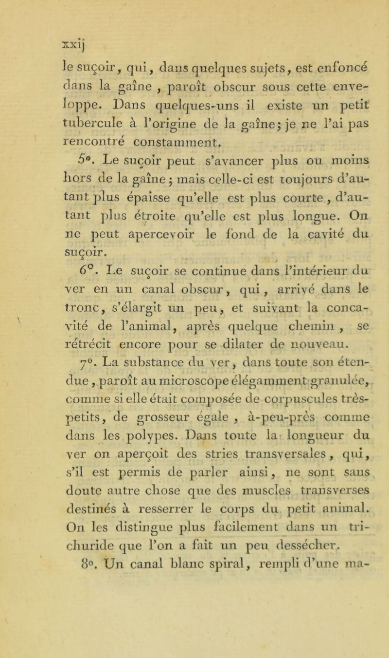 XXlj le suçoir, qui, dans quelques sujets, est enfoncé dans la gaîne , paroît obscur sous cette enve- loppe. Dans quelques-uns il existe un petit tubercule à l’origine de la gaîne; je ne l’ai pas rencontré constamment. 5°. Le suçoir peut s’avancer plus ou moins hors de la gaîne; mais celle-ci est toujours d’au- tant plus épaisse qu’elle est plus courte , d’au- tant plus étroite qu’elle est plus longue. On ne peut apercevoir le fond de la cavité du suçoir. 6°. Le suçoir se continue dans l’intérieur du ver en un canal obscur, qui, arrivé dans le tronc, s’élargit un peu, et suivant la conca- vité de l’animal, après quelque cliemin , se rétrécit encore pour se dilater de nouveau. 7°. La substance du ver, dans toute son éten- due , paroît au microscope élégamment granulée, comme si elle était composée de corpuscules très- petits, de grosseur égale , à-peu-près comme dans les polypes. Dans toute la longueur du ver on aperçoit des stries transversales, qui, s’il est permis de parler ainsi, ne sont sans doute autre chose que des muscles transverses destinés à resserrer le corps du petit animal. On les distingue plus facilement dans un tri- churide que l’on a fait un peu dessécher. 8°. Un canal blanc spiral, rempli d’une ma-