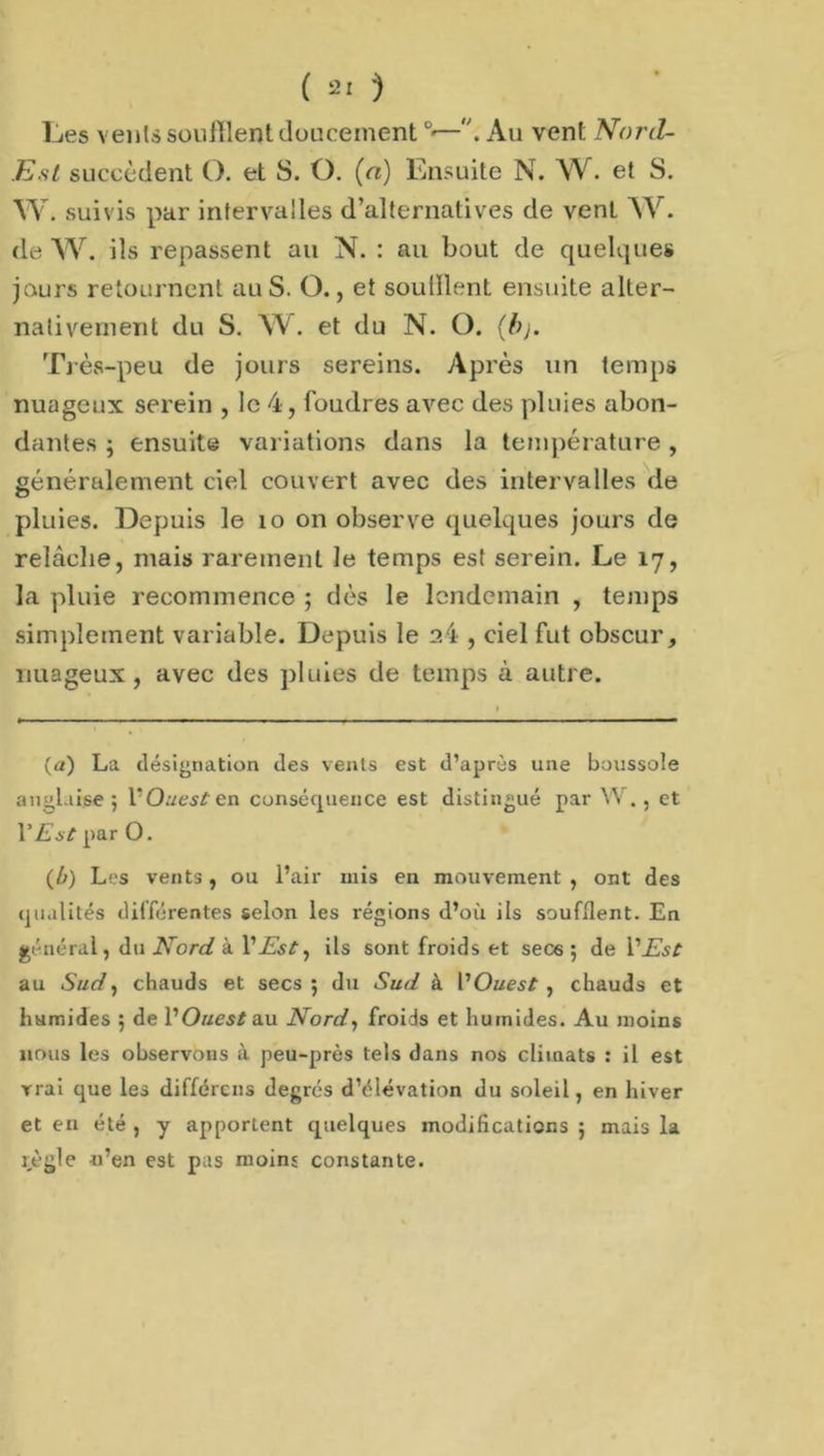 ( 2‘ ) Les venis souillent doucement °—. Au vent Nord- Est succèdent O. et S. O. (a) Ensuite N. AV. et S. AV. suivis par intervalles d’alternatives de vent AV. de AAr. ils repassent au N. : au bout de quelques jours retournent au S. O., et souillent ensuite alter- nati vernent du S. AV. et du N. O. (b). Très-peu de jours sereins. Après un temps nuageux serein , le 4, foudres avec des pluies abon- dantes ; ensuite variations dans la température, généralement ciel couvert avec des intervalles de pluies. Depuis le 10 on observe quelques jours de relâche, mais rarement le temps est serein. Le 17, la pluie recommence ; dès le lendemain , temps simplement variable. Depuis le ai , ciel fut obscur, nuageux, avec des pluies de temps à autre. (<2) La désignation des vents est d’après une boussole anglaise; l’Oaes^en conséquence est distingué par W., et Pii j# par O. (â) Les vents, ou l’air mis en mouvement , ont des qualités différentes selon les régions d’où ils soufflent. En général, du Nord à V Est y ils sont froids et seC6 ; de l’Est au Sud y chauds et secs ; du Sud à VOuest , chauds et humides ; de V Ouest au Nord y froids et humides. Au moins nous les observons à peu-près tels dans nos climats : il est vrai que les différens degrés d’élévation du soleil, en hiver et en été , y apportent quelques modifications ; mais la règle n’en est pas moins constante.