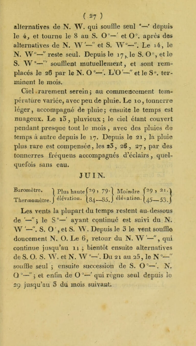 ( ^7 ) alternatives de N. W. qui souffle seul *—>’ depuis le 4, et tourne le 8 au S. O - et O0, après des alternatives de N. W'— et S. W°—Le i4, le N. W°— reste seul. Depuis le 17, le S. O°, et le S. W0—soufflent mutuellement, et sont rem- placés le 26 par le N. O0—. L’O'— et le S°. ter- minent le mois. Ciel • rarement serein ; au commencement tem- pérature variée, avec peu de pluie. Le 10, tonnerre léger, accompagné de pluie ; ensuite le temps est nuageux. Le i5 , pluvieux ; le ciel étant couvert pendant presque tout le mois , avec des pluies de temps à autre depuis le 17. Depuis le 21, la pluie plus rare est compensée, les s3, 26 , 27, par des tonnerres fréquens accompagnés d’éclairs , quel- quefois sans eau. JUIN. Baromètre. | Plus haute f29 > 79*1 Moindre f29 » Thermomètre.J élévation. —85.J élévation.—53.J Les vents la plupart du temps restent au-dessous de '— j le S°— ayant continué est suivi du N. W '—. S. O ', et S. W. Depuis le 3 le vent souffle doucement N. O. Le 6, retour du N. W—, qui continue jusqu’au 11 ; bientôt ensuite alternatives de S. O. S. W. et N. WDu 21 au 25, le N0— souffle seul ; ensuite succession de S. O0—'. N. ü 0— 5 et enfin de O 3—' qui règne seul depuis le