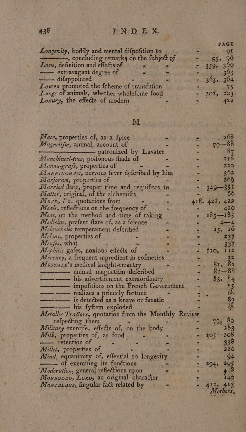 $38 ENDEX PAGE Longevity, bodily and mental difpofition a LO * SPO , concluding remarkg on the ui of - 95, 96 Love, definition and effets of - r 3592 360 —— extravagant degrée of etic a Mee Te difappointed ress ~. 363,, 364 tl promoted the fcheme of ecanetinhen . a ' Lungs of animals, whether wholefome food ~- 20%, 203. founUryy the effecis. of modern - - 422 Mace, properties of, as'a fpice’ - « . 268 Magnetifm, animal, account of } - - 79—88 patronized by Lavater - 87 Manchineel-tree, poifonous fhade of - - 118 Manna-grafs, properties of - e 220 ManyincHam, nervous fever defcribed by hin - 362 Marjoram, properties of ‘ - «269 Married tate, proper time and. requifites tp - 349-—351 Matter, original, of the alchemitts. ~ =f an! ieee Mean, [R. quotations from . - ‘. 418. 421, 422 fMeals, refle€tions on the frequency i SRA ‘is 420 Meat,.on the method and time of taking - 183-—185 Medicine, prefent flate of, as a fcience - . Comet Melancholc temperament defcribed © “ - 15, 16 Melons, properties of - - - 237 Menfes, what o e 337 Mephitic gafes, noxious y teks oe - - 10, Ii Mercury, a frequent ingredient in cofmetics - 32 Messmer’s medical knight-errantry a hs - SI, 2 animal magnetif{m ‘deferibed - 81—88 ——--——— his advertilement extraordinary - 83, 34 ——-——- impofitions on the French: Government. - ae ——— —— realizes a princely fortune - 5 ie ib, ——-———. is deteGted as a knave or fanatic | &gt; &amp; his fyftem exploded ee Metallic Tradors, quotation fom the Monthly Review refpecting - them ee - 7193 _ 80 Military exercife, effets of, on the Bes : ° 83. Milk, properties of, as food - —— retention of - - ih ee Millet, properties of - Mind, equanimity of, effential 6 longest of exercifing its functions oe | o-@ ~8 , Birt | : 7 ww ii NOD ; 2 &amp;S Ke) ‘Moderation, general refletions upon rs 8 Monsonvo, Lorp, an original character. 149 | Monrazous, fingolat fad related By. oh4,4 4I2, 413 Mh others, Pp