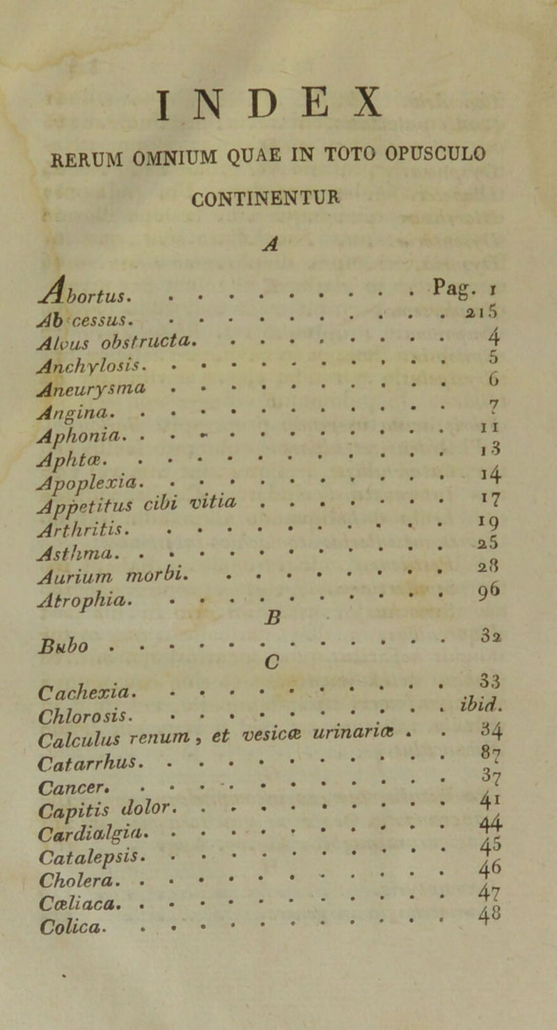 Artus : Ab:cessus. Aloeus obstructa. Anchylosis. « -* D Aneurysma Aphonia. . « -* Aphta. : Apoplexia. Appetitus cibi Md Arthritis. À Asthma. . « Aurium morbi. Atrophia. S047) patr ce eC PN MIN Cachezxia. ; Chlorosis. : C Catarrhus. Cancer. dio Capitis olor: ste Cardialgia. Catalepsis. Cholera. . * * Coliaca. . - - Colica. . .- A
