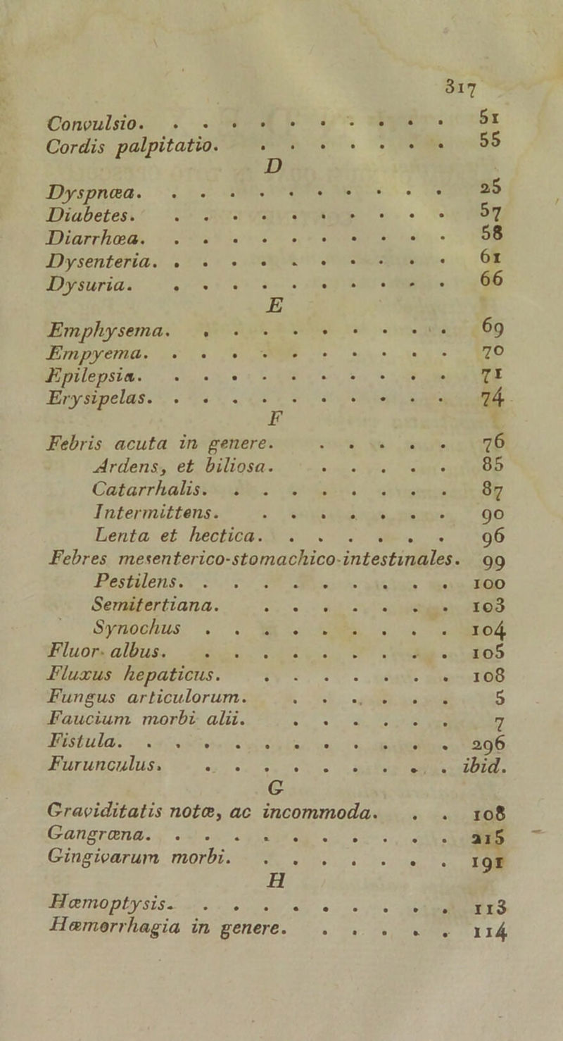 Coneulsio. . . « . £i 15R Cordis palpitatio. cU . 56 Dyspnaea. . 2 Diabetes. . c OE Diarrhea. . . . 58 Dysenteria. . . -« . s 08 Dysuria. t TWTUE Vr 66 Empyema. . . 70 Epilepsia. NY TY Erysipelas. . . . . . 74. F Í Febris acuta in genere. s VD Ardens, et biliosa. 85 Catarrhalis. . 87 Intermittens. . 9 90 Lenta et hectica. $2500 Febres mesenterico-stomachico- intestinales. 99 Pestilens. ». 100 Semitertiana. : - 103 Synochus : 104 Fluor. albus. tab Fluzus hepaticus. . 108 Fungus articulorum. 5 Faucium morbi ali. 7 WESTUIG. o Re : - . 296 Furunculus. . : : . ibid. G Graveiditatis note, ac incommoda. 108 Gangrena. : a15 Gingicarum morbi. 19r H Hemoptysis. , . «. XIS 317