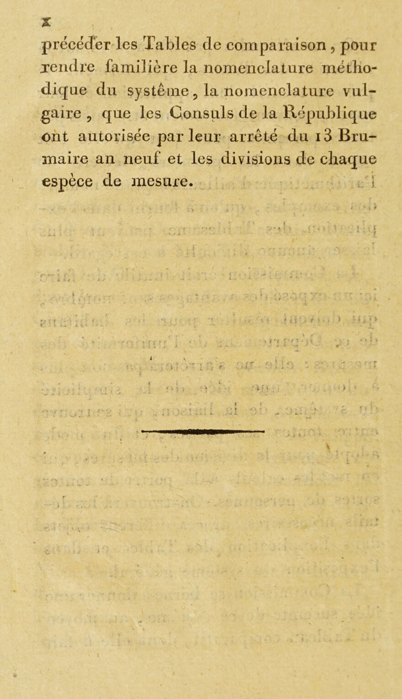 précéder les Tables de comparaison ■> pour Tendre familière la nomenclature métho- dique du système 5 la nomenclature vul- gaire , que les Consuls de la République ont autorisée parleur arrêté du i3 Bru- maire an neuf et les divisions de chaque espèce de mesure. 1 % \ *** ► i i > \