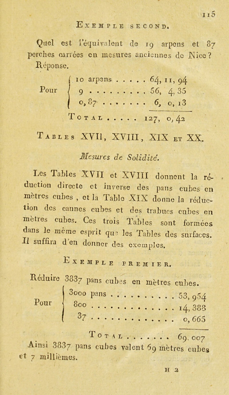 Qitel est iéquivalent de 19 arpens et 87 perches carrées en mesures anciennes de .Nice? Réponse. ( 10 arpens 64, 11, 94 Pour / 9 56, 4,35 ( o, 87- 6, o, i3 Total 127, o; 4^ Tables XVII, XVIII, XIX et XX. Mesures de Solidité, 1 Les Tables X\ II et X\ III donnent la ré- * duction directe et inverse des pans cubes en mètres cubes , et la Table XIX donne la réduc- tion des cannes cubes et des trabucs cubes en mèties cubes. Ces trois Tables sont formées dans le meme esprit que ]es Tables des surfaces. Il suffiia d en donner des exemples. Exemple premier. Réduire Pour Total 69, 007 Ainsi 3837 pans cubes valent 69 mètres cubes et 7 millièmes. 3837 pans cubes en mètres cubes. 3000 Pans 53, 954 800 14, 383 o, 665 H 2