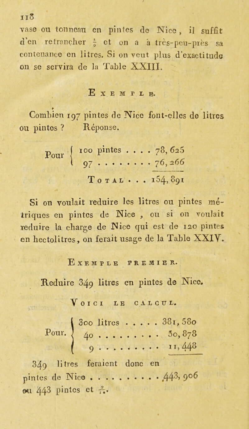 II vase ou tonneau en pintes de Nice , il suffît d en retrancher J et on a à très-peu-près sa contenance en litres. Si on veut plus d'exactitude on se servira de la Table XXIII. Exemple. *■ Combien 197 pintes de Nice font-elles de litres ou pintes ? Réponse. 100 pintes .... 78, 625 97 76, 266 Total . . . 164, 891 Si ou voulait réduire les litres ou pintes mé- triques en pintes de Nice , ou si on voulait réduire la charge de Nice qui est de 120 pintes en hectolitres, on ferait usage de la Table XXIV. E XEIPLE PREMIER. Réduire 849 litres en pintes de Nice. Voici le calcul. 13oo litres 38i? 58o 40 5o, 878 9 11, 443 349 litres feraient donc en pintes de Nice .44'^ 9°^ ou 443 pintes et