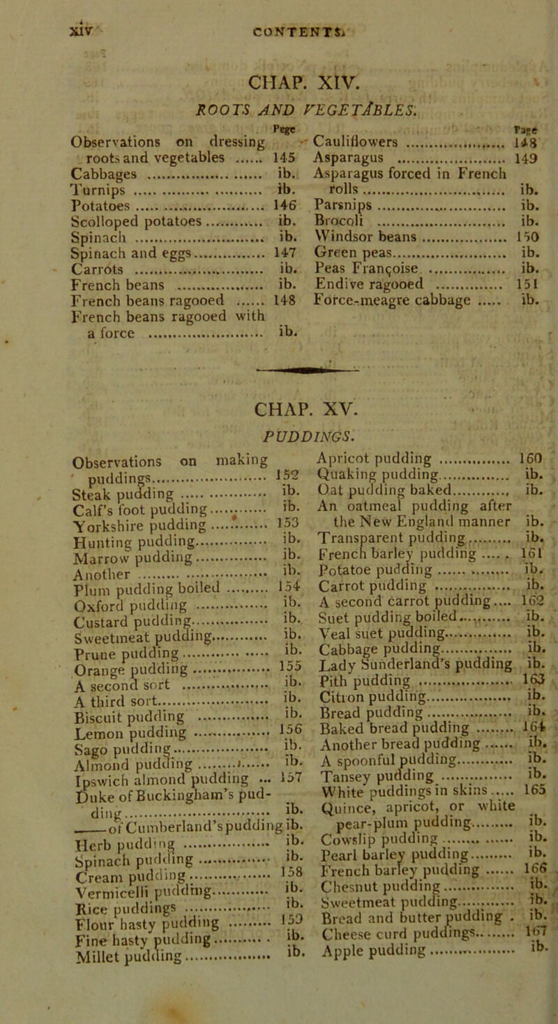 CHAP. XIV. ROOTS AND VEGETABLES. Observations on dressing roots and vegetables 145 Cabbages ib. Turnips ib. Potatoes 146 Scolloped potatoes ib. Spinach ib. Spinach and eggs 147 Carrots ib. French beans ib. French beans ragooed 148 French beans ragooed with a force ib. Cauliflowers 148 Asparagus 149 Asparagus forced in French rolls ib. Parsnips ib. Brocoli ib. Windsor beans 150 Green peas ib. Peas Franchise ib. Endive ragooed 151 Force-meagre cabbage ib. CHAP. XV. PUDDINGS. Observations on making puddings 152 Steak pudding Calf’s foot pudding....- ib. Yorkshire pudding 153 Hunting pudding >b. Marrow pudding jb. Another ib- Plum pudding boiled 154 Oxford pudding |b- Custard pudding ib- Sweetmeat pudding ib. Prune pudding 'b; Orange pudding 155 A second sort ib- A third sort ib. Biscuit pudding lb- Lemon pudding .•••• 156 Sago pudding ib- Almond pudding ib. Ipswich almond pudding ... 157 Duke of Buckingham’s pud- ding ib- of Cumberland’s pudding ib. Herb pudding }b. Spinach pudding lb- Cream pudding Vermicelli puddmg *b- Rice puddings 'b- Flour hasty pudding 1 yd Fine hasty pudding }b. Millet pudding lb- Apricot pudding 160 Quaking pudding ib. Oat pudding baked ib. An oatmeal pudding after the New England manner ib. Transparent pudding ib. Frencn barley pudding 161 Potatoe pudding ib. Carrot pudding ib. A second carrot pudding.... 162 Suet pudding boiled...... ib. Veal suet pudding ib. Cabbage pudding ib. Lady Sunderland’s pudding ib. Pith pudding 163 Citron pudding... ib. Bread pudding ib. Baked bread pudding ........ 164 Another bread pudding ib. A spoonful pudding ib. Tansey pudding ib. White puddings in skins 165 Quince, apricot, or white pear-plum pudding ib. Cowslip pudding ib. Pearl barley pudding ib. French barley pudding 166 Chesnut pudding... ib. Sweetmeat pudding ib. Bread and butter pudding . ib. Cheese curd puddings 1<>7 Apple pudding ib-