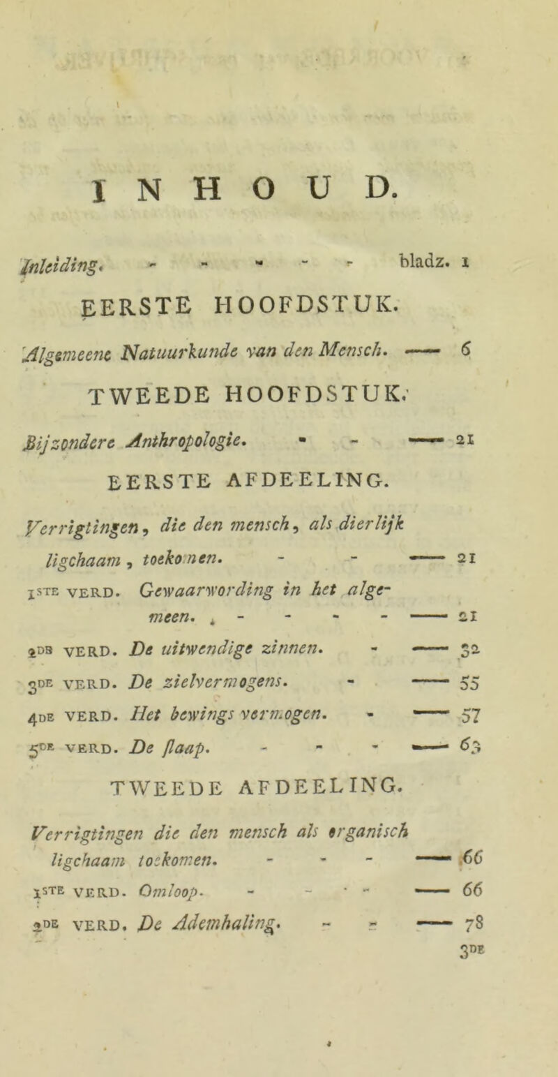 INHOUD. Inleiding, - ” r bladz. i EERSTE HOOFDSTUK. Algemeen* Natuurkunde van den Mensch. 6 TWEEDE HOOFDSTUK. Bijzondere Anthropologie. • - —— 21 EERSTE AFDEELING. Verrigtingen, die den mensch, als dierlijk ligchaam , toeko n en. - - — — 21 jste VERD. Gewaarwording in het alge- meen. * - - — — 21 2»s VERD. De uitwendige zinnen. - - — 3a T «DE VERD. De zielvermogens. - - — 55 4de VERD. liet bewings vertu ogen. — 57 50® VERD. De flaap. - - —■ 63 TWEEDE AFDEELING. Verrigtingen die den mensch als organisch ligchaam toekomen. - ' .^>6 1.STE VERD. Omloop- - • - —— 66 a°E VERD. De Ademhaling. - » 78 3DE *