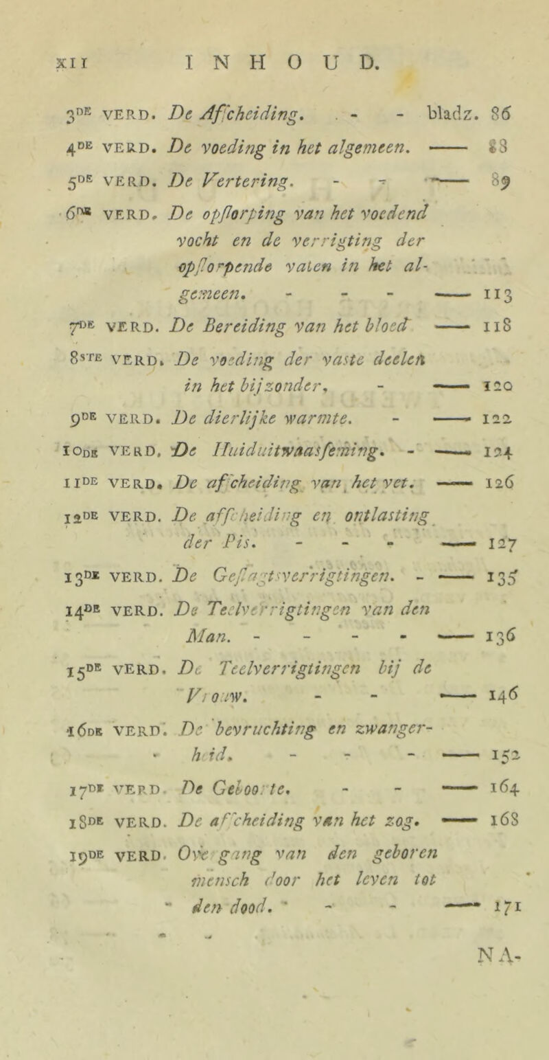 3nE vERD. De Afscheiding. - - bladz. 86 4DE vERD. De voeding in het algemeen. 88 5DE verd. De Vertering. - 89 6™ verd. De opßorping van het voedend vocht en de verrigting der opflorpende vaten in het al- gemeen. - 113 7°E verd. De Bereiding van het bloect 118 8ste verd. De voeding der vaste deelcix in het bijzonder. - —— 120 pDE verd. De dierlijke warmte. - 12a iOde verd. De Huiduitwaaiferhing. - ——. 154 iIDE verd. De af cheiding van het vet. —— 126 iaoE verd. De aff hei ding en ontlasting ■ der Pis. - —— 127 13D1 verd. De Gef ngtsverrigtingcn. - 13^ 140E verd. De Teelve'rrigtingen van den Man. - 136 15de verd. Dc Teelverrigtingen bij de Vrouw. - - • 146 i6de verd'. De bevruchting en zwanger- heid• - 152. 170* verd. T)e Geboorte. - - 164 iSDE verd. De a/cheiding van het zog. —— 168 19DE verd. Oyv ging van den geboren mensch door het leven tot ** den dood. ' - —“* 171 N A-